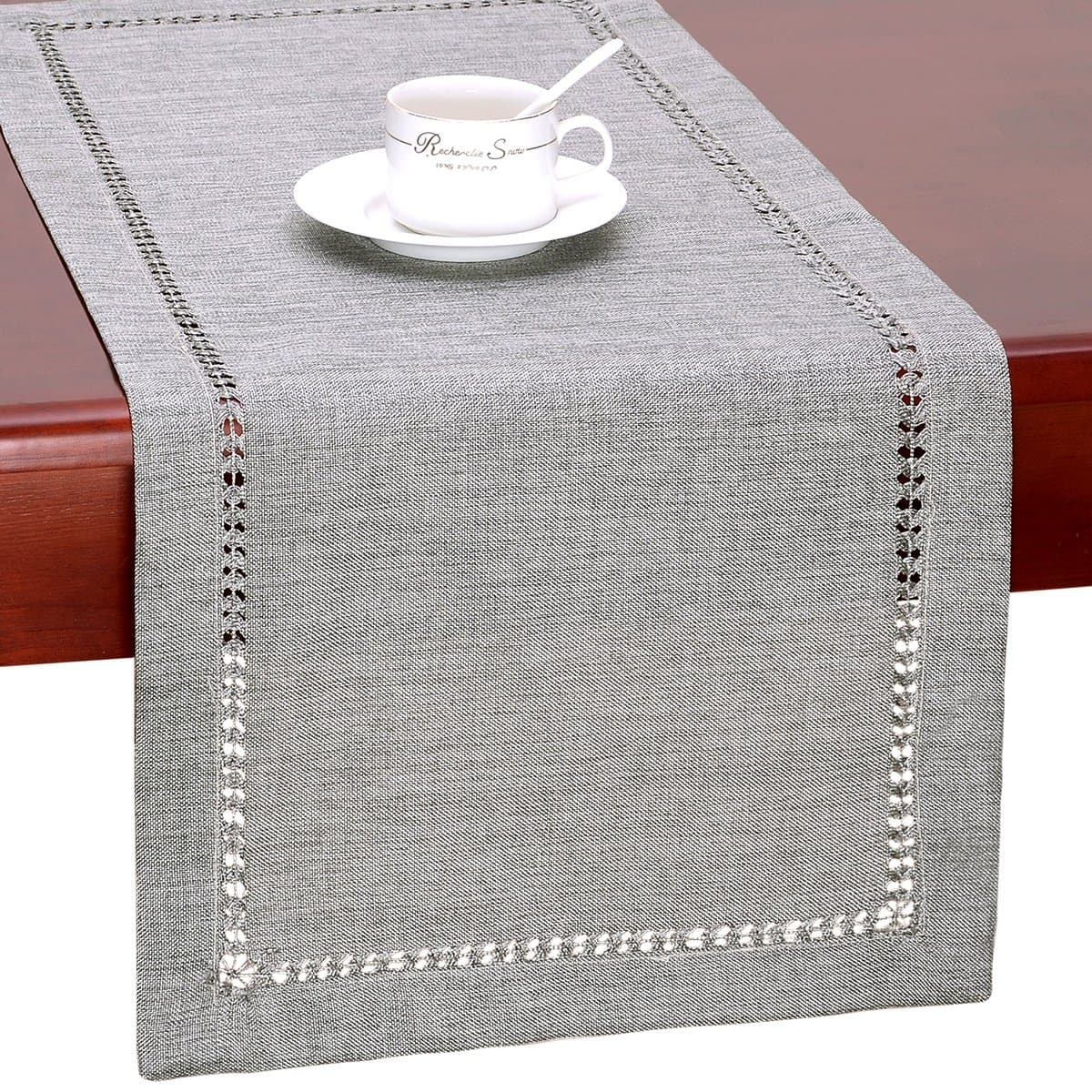 Grelucgo Handmade Hemstitch Gray Dining Table Runner Or Dresser Scarf, Rectangular 14 by 72 Inch