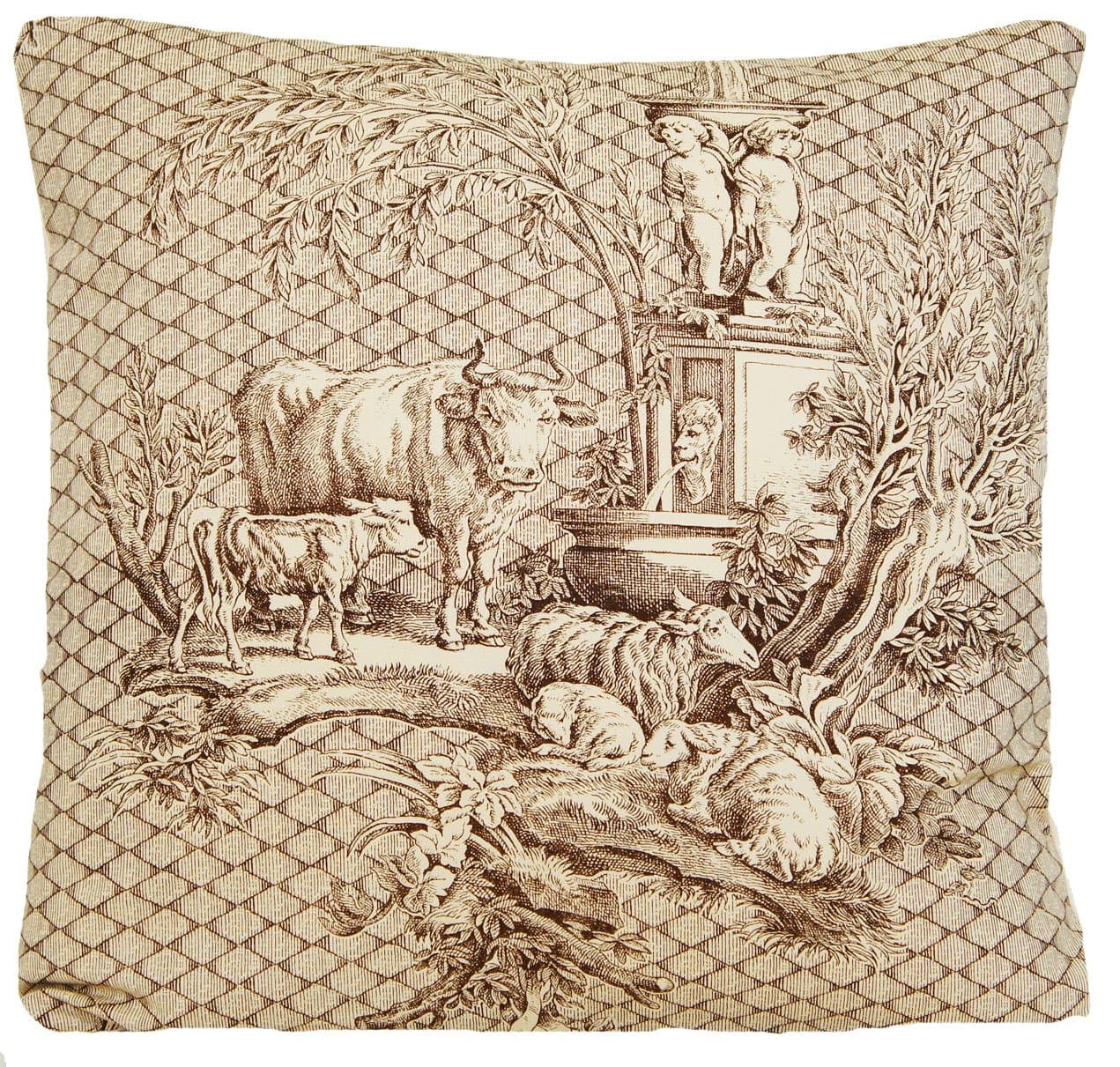 French Toile Traditional Design Decorative Throw Pillow Case Brown Cows Pattern Cushion Cover Fabric Vintage Look Les Enfants