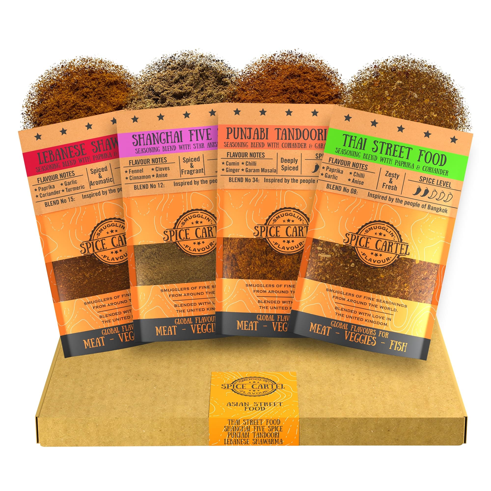 Asian Street Food Gift Box Collection of Artisanal Herb & Spice Blends from Across Asia. Hand Made with Love in The UK. 4 * 35g Resealable Pouches.