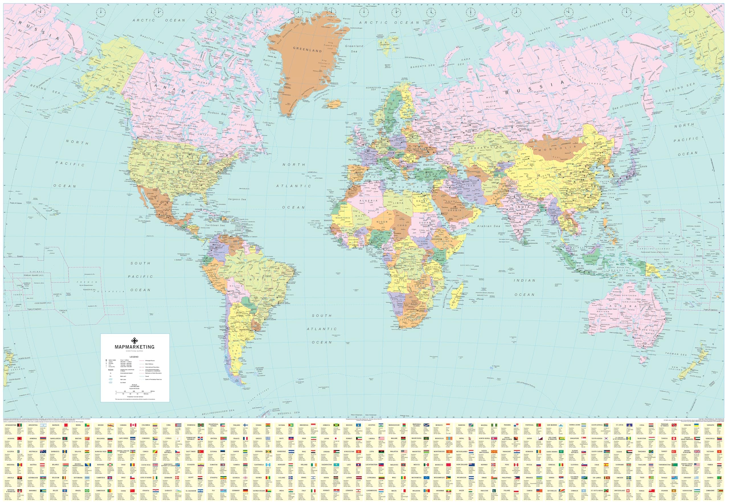 Map Of The World Poster - Large Laminated World Map Poster - 120cm (W) X 83cm (H) Political & Educational, Country Information, Flags, Time Zones (Laminated)