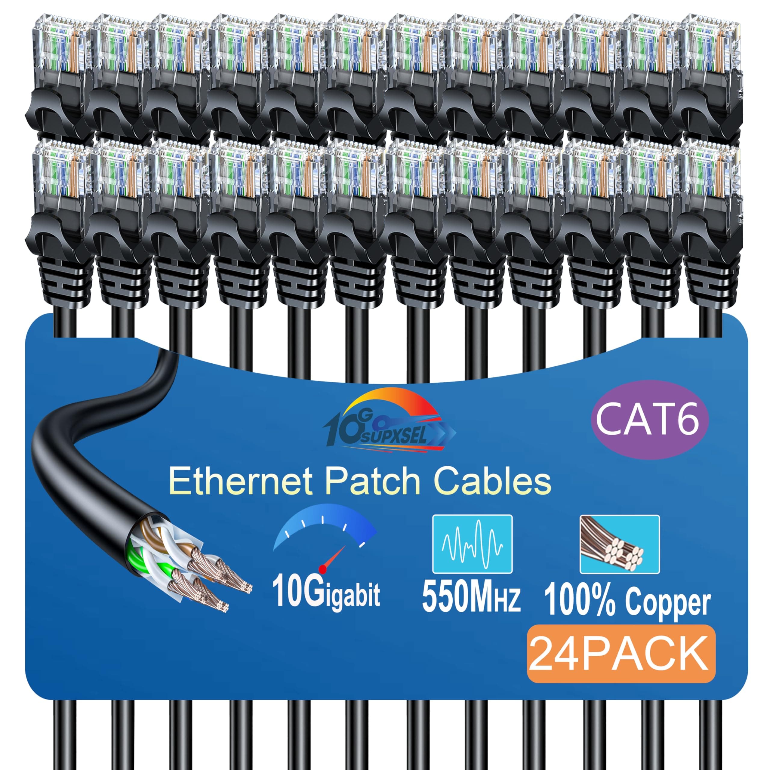 Cat 6 Ethernet Cable 6FT (24Pack), Cat6 Ethernet Patch Cable 10Gbps, High-Speed UTP Cat6 Network Cable Pure Copper, Cat 6 Cable for Home and Office Network, Black