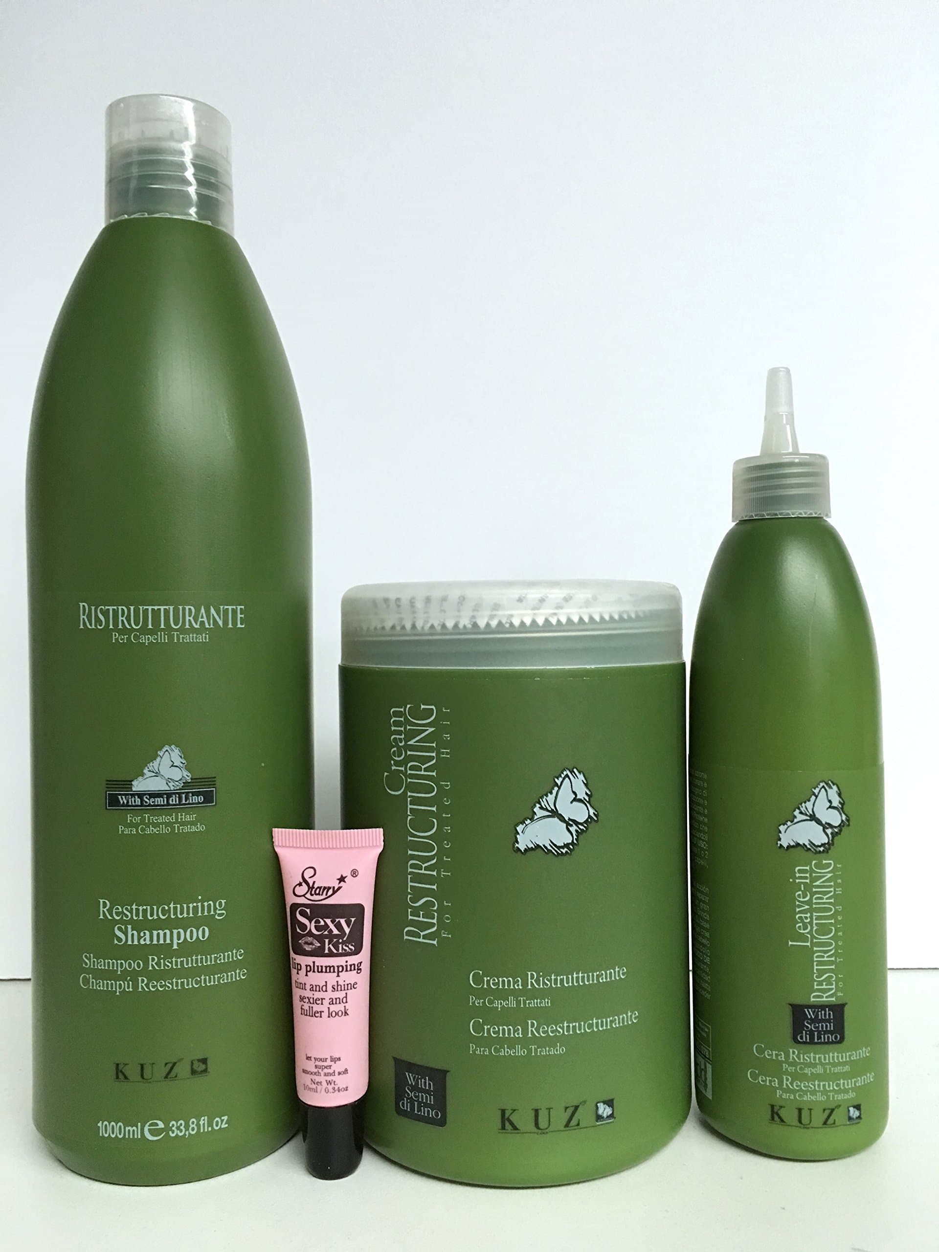 Kuz Restructuring Shampoo 33.8 Oz, Restructuring Cream 33.8 Oz and Restructuring Leave-in 10.14 Oz"Free Starry Sexy Kiss Lip Plumping 10 Ml"