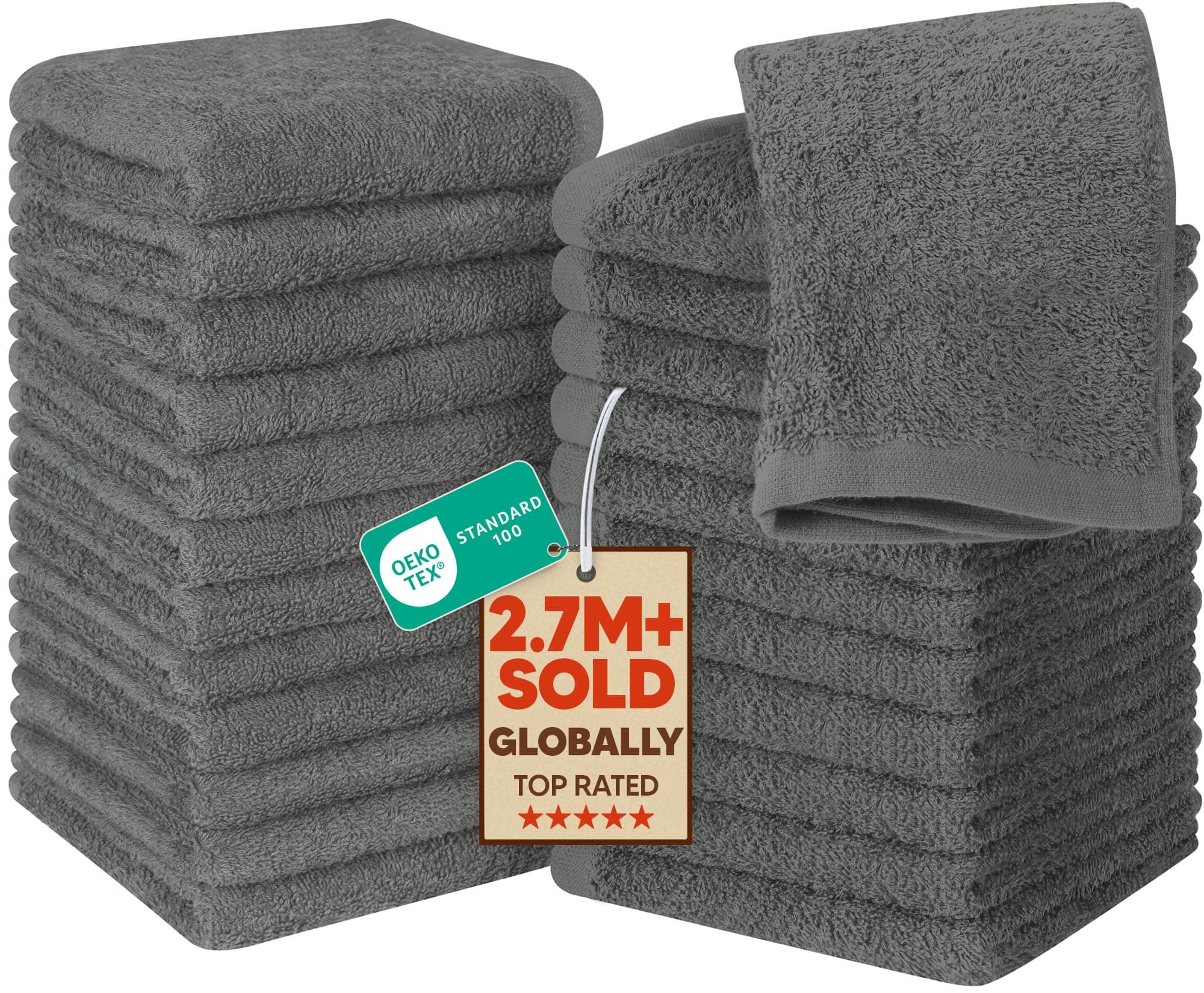 24 Pack Cotton Washcloths Set, 100% Ring Spun Cotton, Premium Quality Flannel Face Cloths, Highly Absorbent and Soft Feel Fingertip Towels, Grey