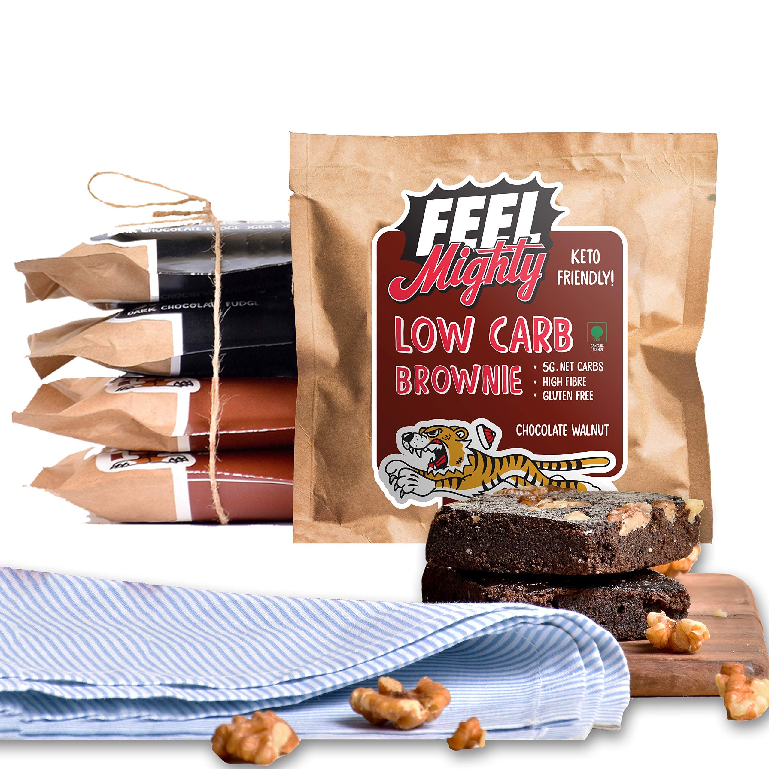 Feel Mighty Low Carb Brownies Pack of 5 High Protein, Low Calorie, Sugar-Free Brownies- 2 Dark Chocolate Fudge, 2 Chocolate Walnut and 1 Peanut Butter Flavoured Desserts- Keto Friendly, Gluten Free, High Fibre Snacks