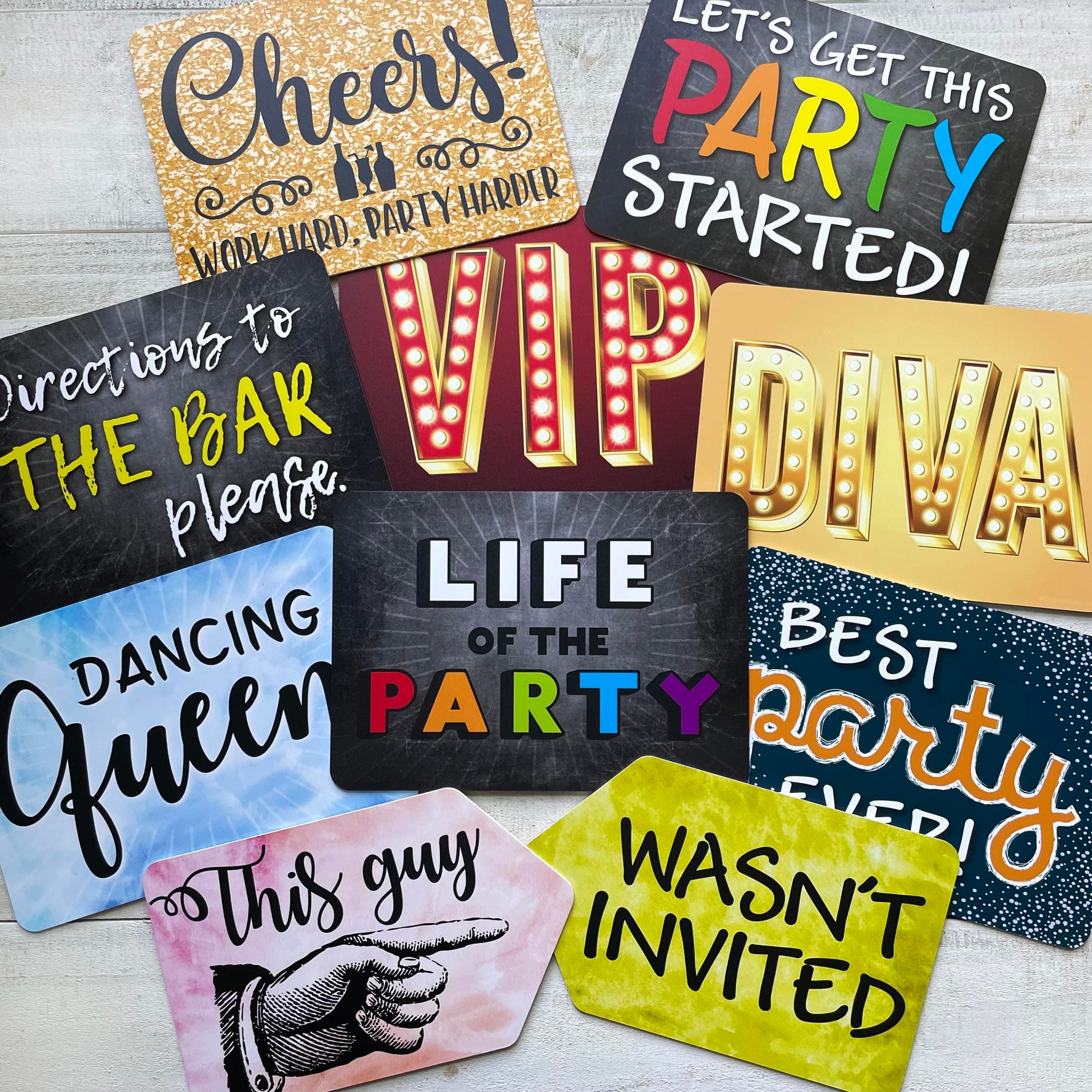 Plastic Photo Booth Prop Signs - Set of 10 Phrases - PARTY Mix