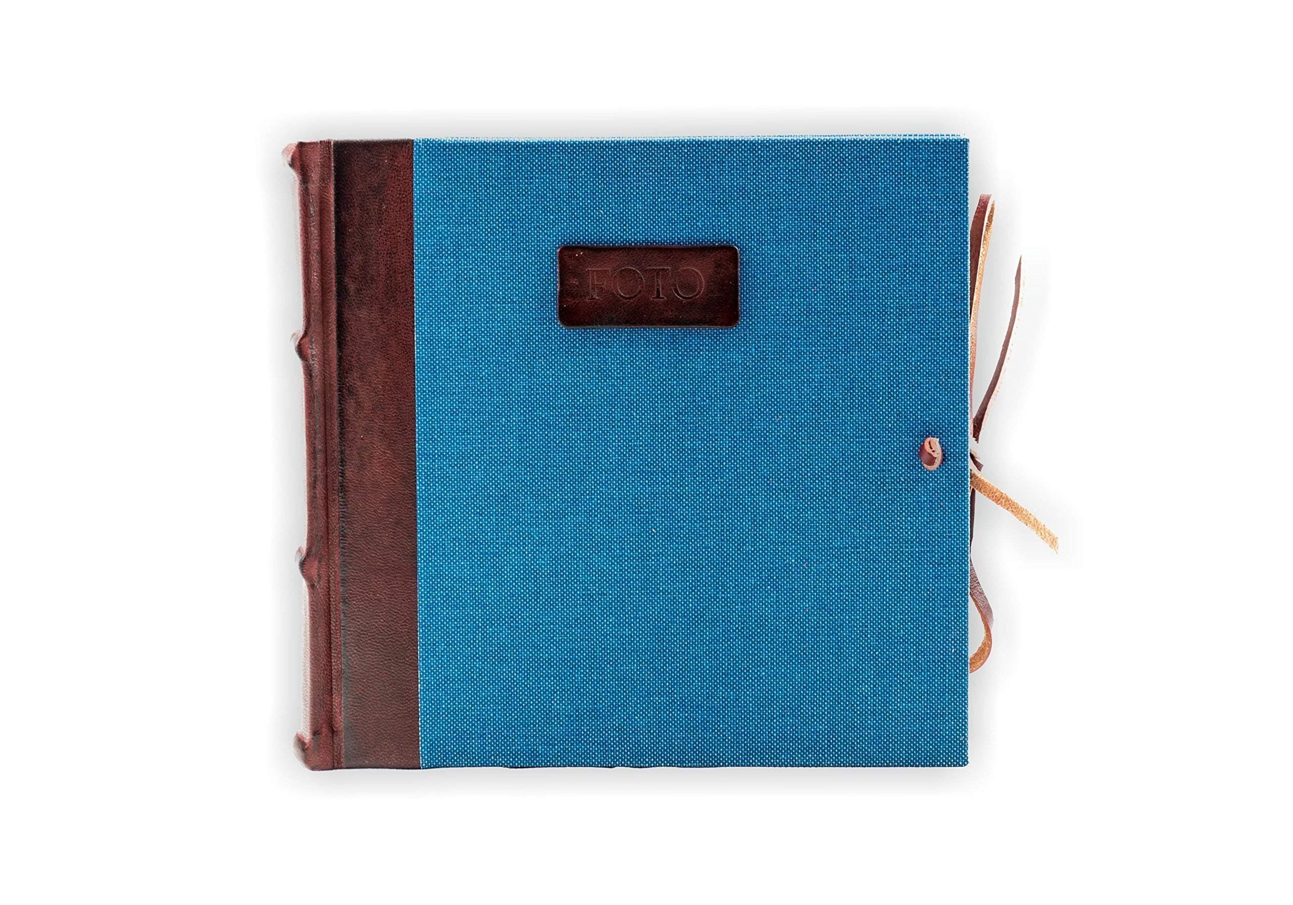 Photo Album Bound in Leather and Canvas, Bordeaux and Blue, H20xL20, Corium Collection, Hand Made in Italy by Legatoria Toscana, Tuscan Handcrafted