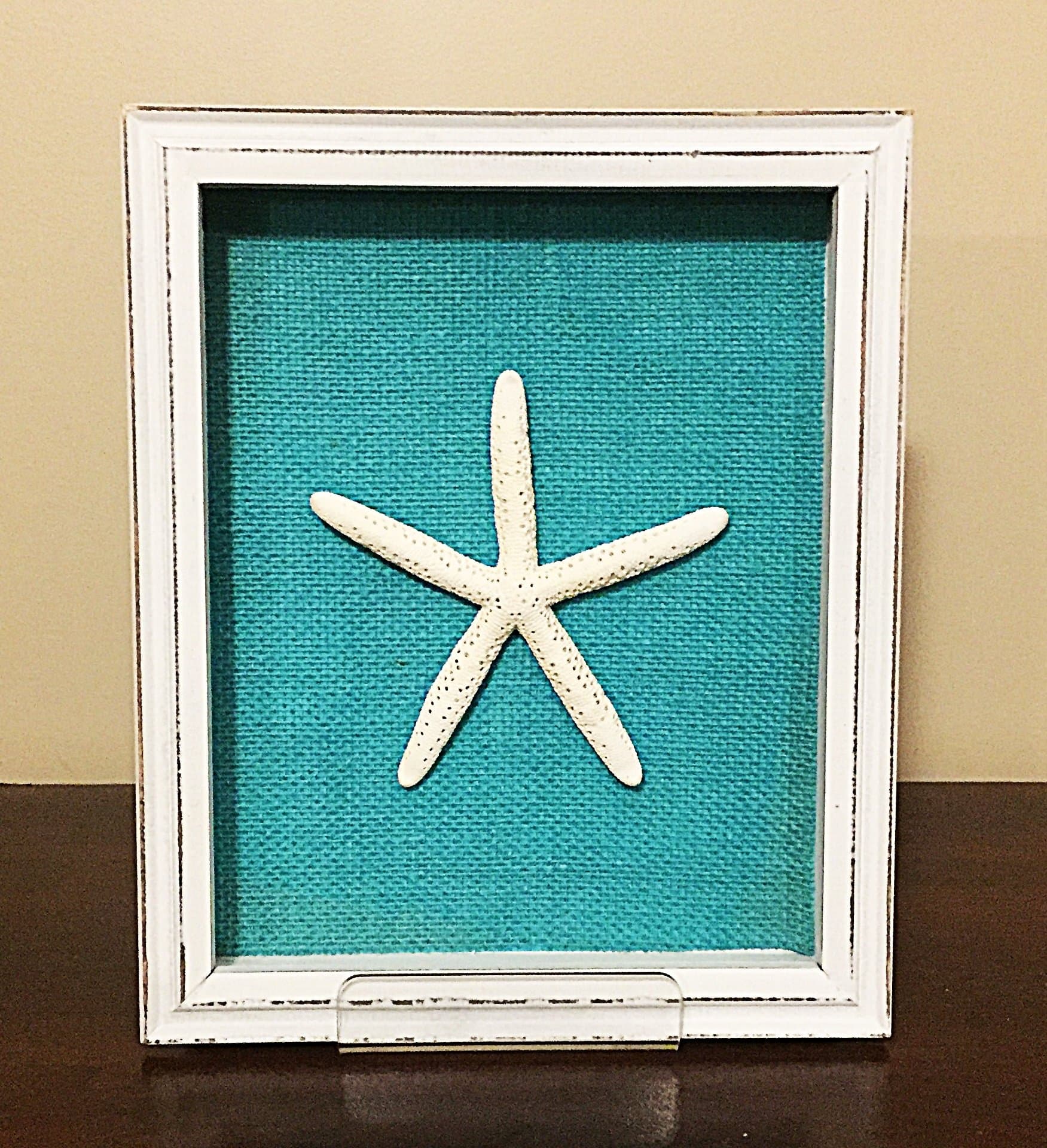 Sand Dollar and Starfish Sahbby Chic Wood Shadow Box Frame 8 x 10, Shell Beach Decor Wall Art, BURLAP Background, Beach Cottage (Starfish Portrait, Jade Turquoise)