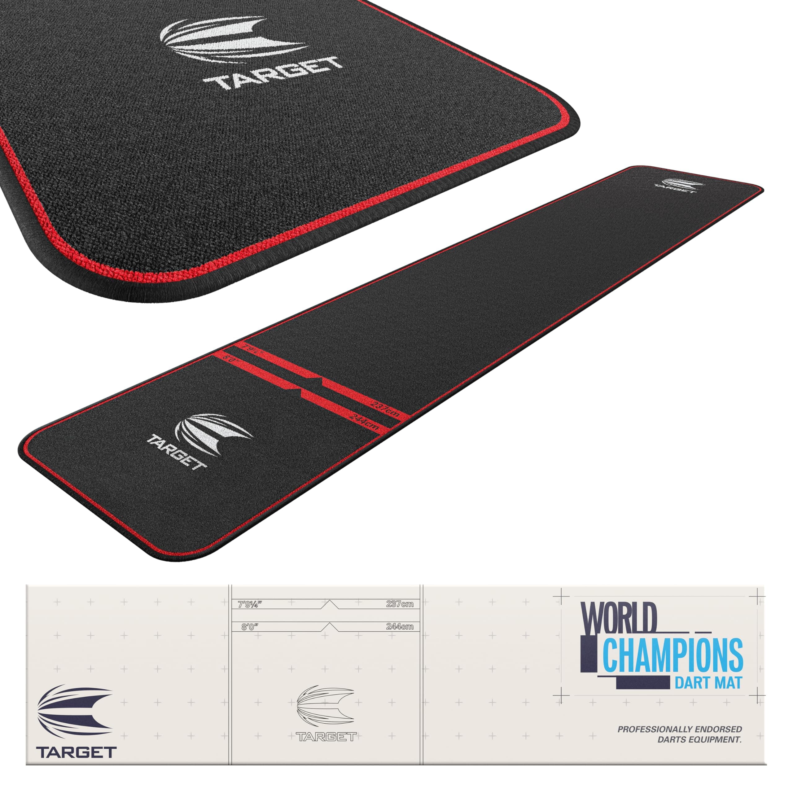 World Champion Darts Mat Black and Red | Dart Oche Mat with Soft Tip and Steel Tip Throw Line Distances | Non Slip Carpet Mats for Floor and Dart Tips Protection | Darts Accessories
