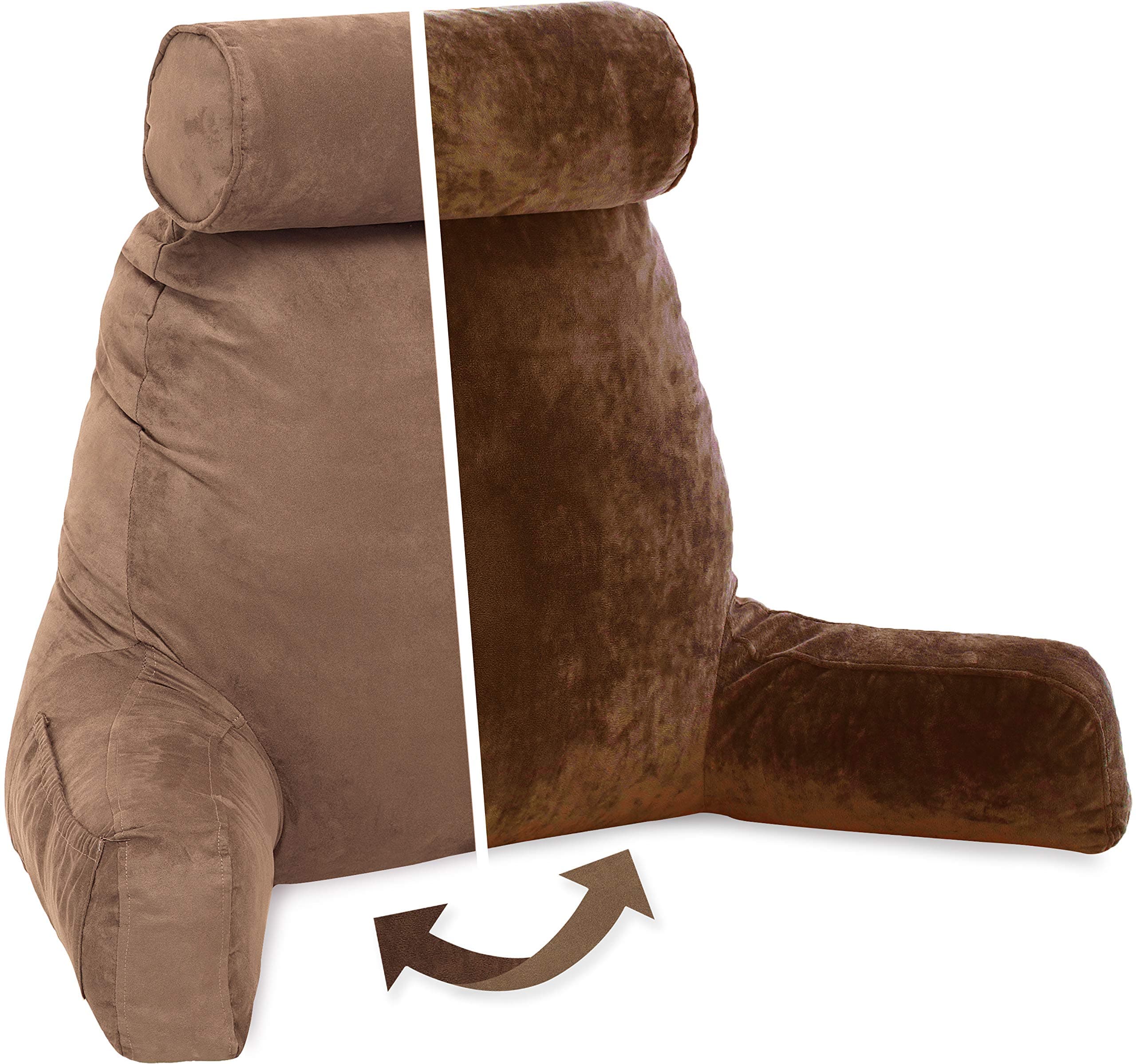XXL Aspen Edition, Adult Reading Sit Up Bed Rest Pillow for Bed with Arms & Neck Roll on Bungee Cord - Premium Memory Foam - Reversible 2 Sided Cover Micro Suede or Plush, Saddle Brown