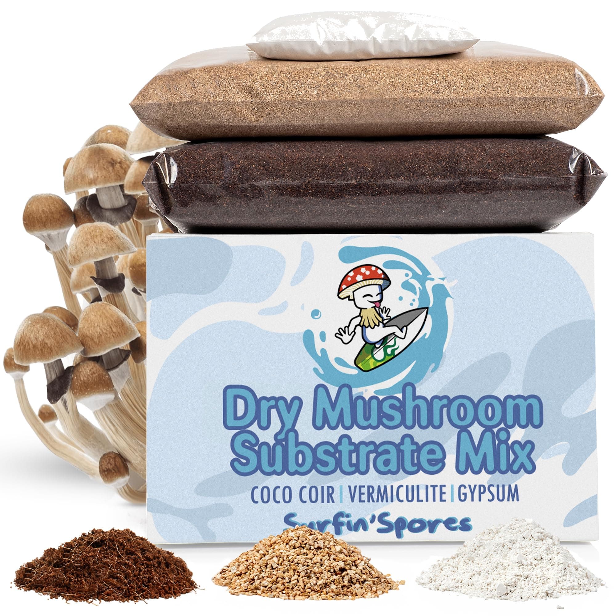 Surfin' Spores CVG Mushroom Substrate | Dry Bulk Substrate for Mushroom Growing | Makes 10 lbs of Pasteurized Substrate | Perfect for Monotub Grows | Coco Coir, Vermiculite, Gypsum