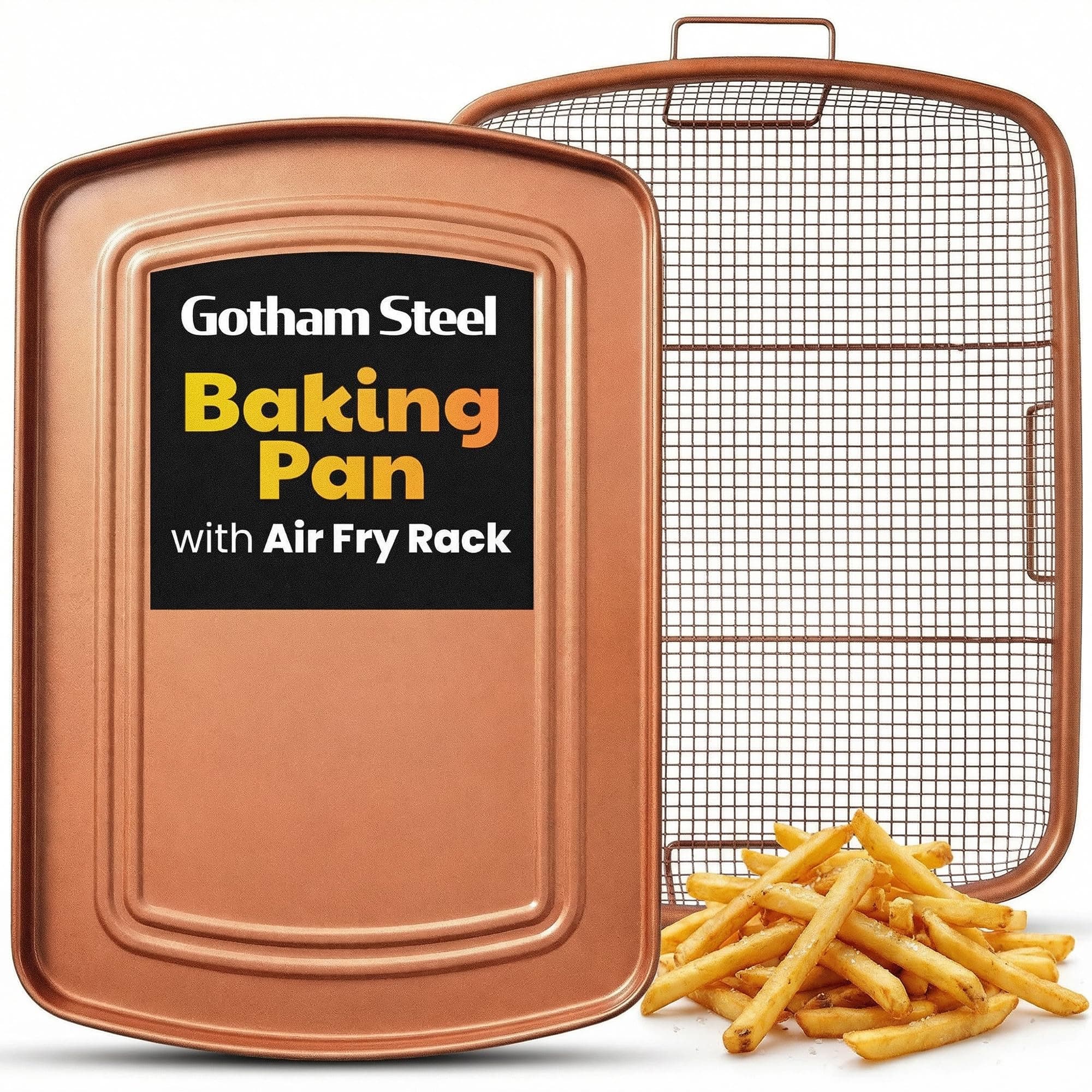 Gotham Steel Air Fryer Basket for Convection Oven, 2 Piece Nonstick Copper Crisper Tray, Also Great for Baking & Crispy Foods, Dishwasher Safe – XXL 16.5” x 12.5”