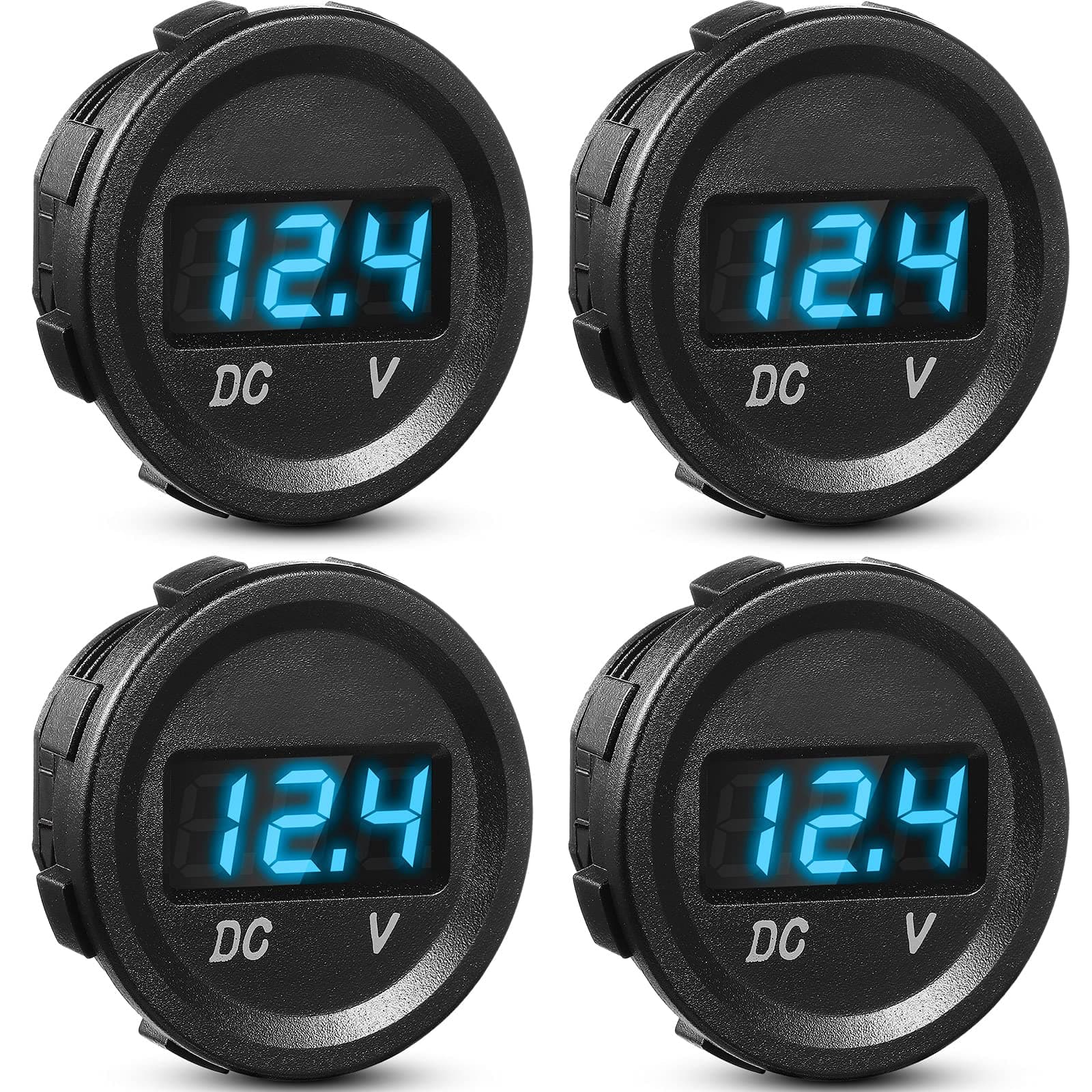 Frienda 4 Pieces DC 12V Car Voltage Gauge LED Display Waterproof Voltmeter Digital Round Panel Voltmeter Compatible with Vehicle Motorcycle Truck Camper Caravan ATV UTV Car Boat (Blue)