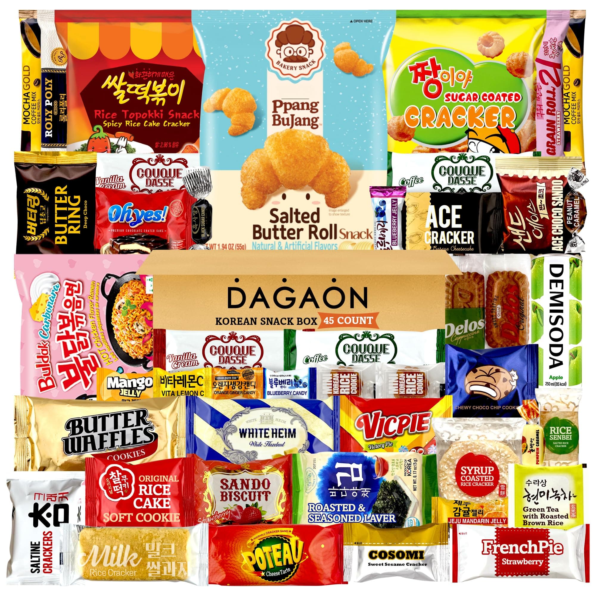 DAGAON Korean Snack Box 45 Count – Variety Snacks Including Korean’s Chips, Biscuits, Cookies, Pies, Candies. Appetizing Korean treats for any occasions, gifts and everyone.