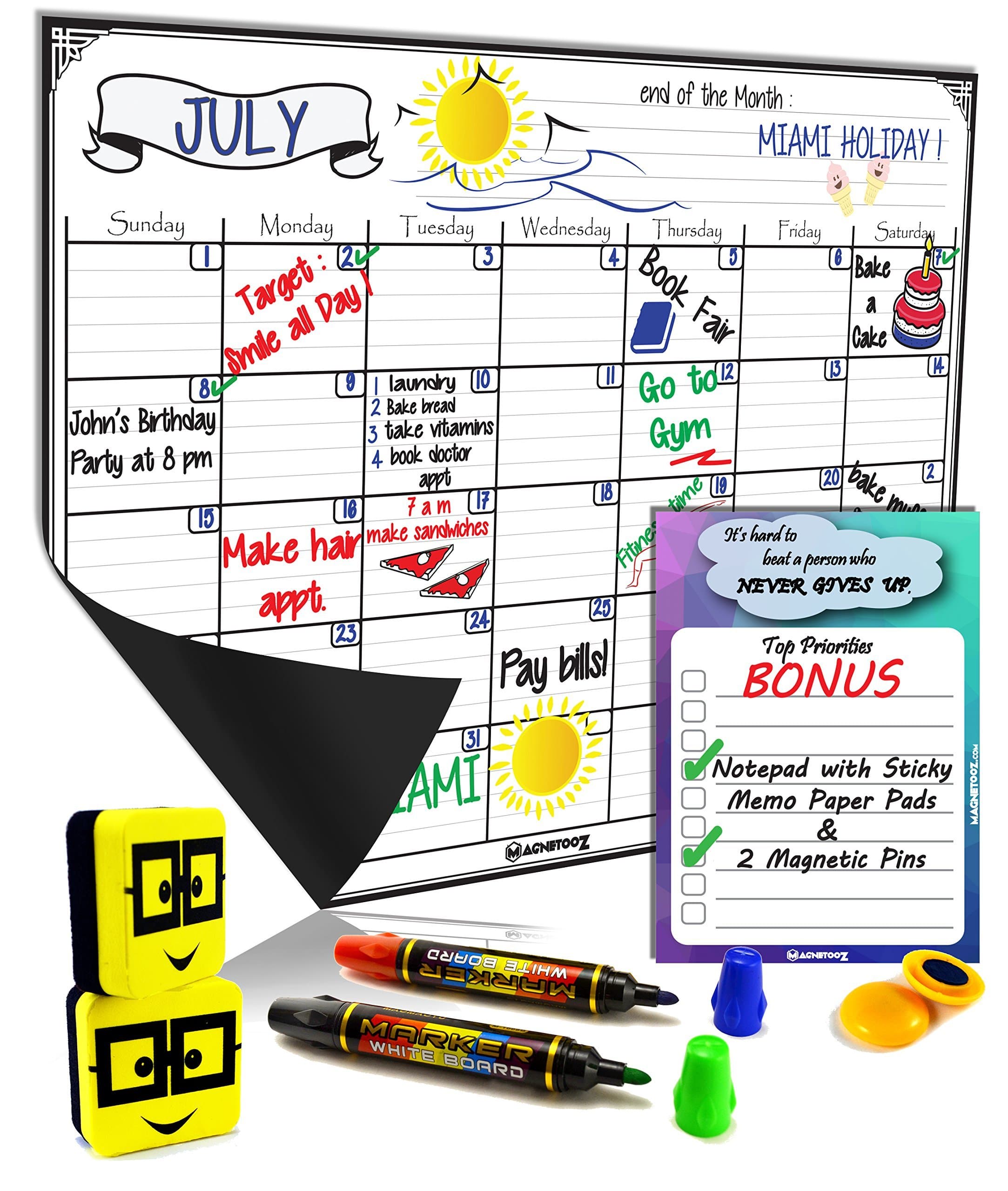 Magnetic Dry Erase Calendar - Monthly Fridge Whiteboard Sheet - Erasable Yearly Planner 16"X12" White Board 2 Erasers 2 Dual Markers 4 Colors Bonus Notepad 6"x4" 2 Pins, Ideal Daily Bill Organizer!