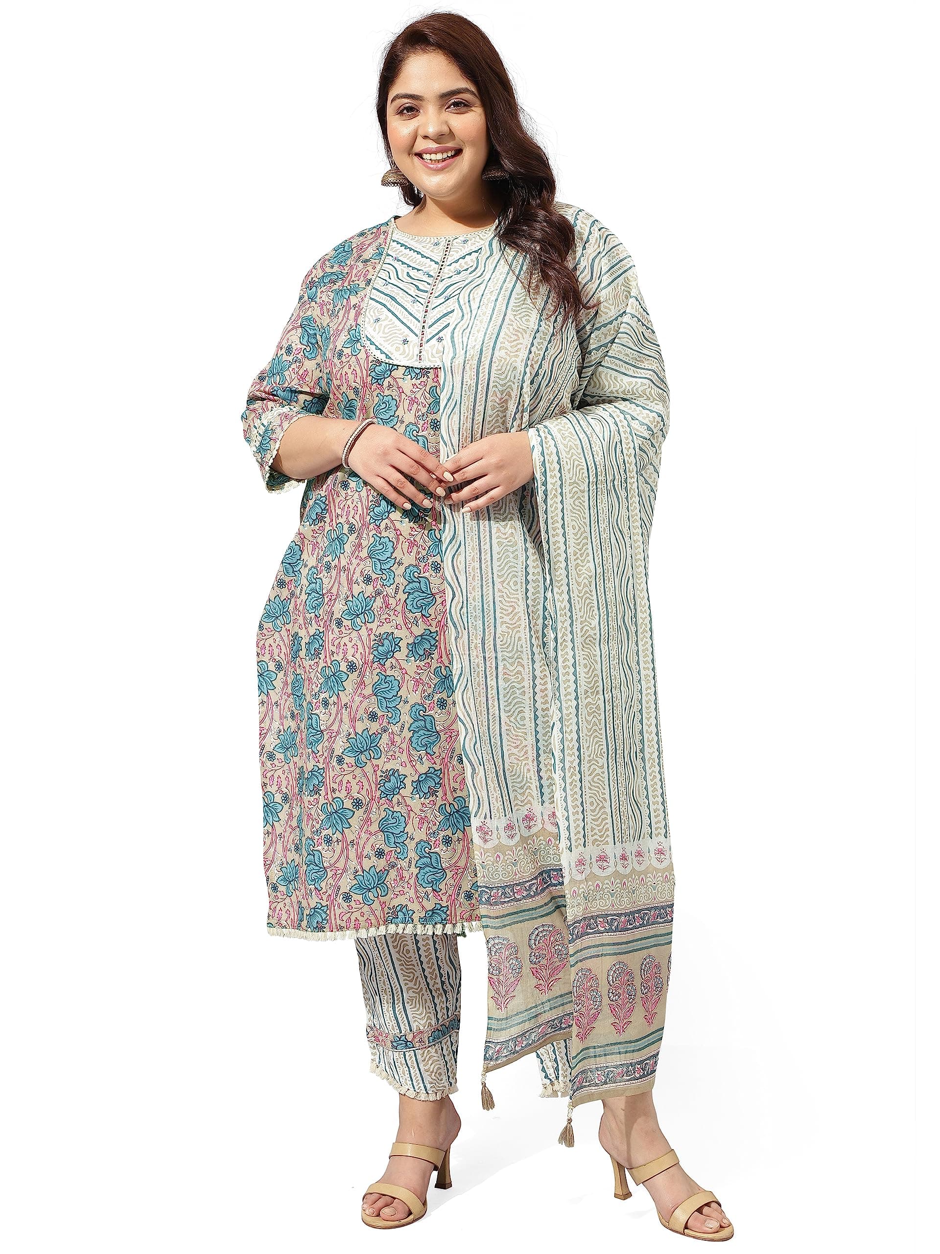 MIRCHI FASHION Plus Size Women's Straight Fit Cotton Printed and Embellished Kurta Set with Dupatta and Trouser
