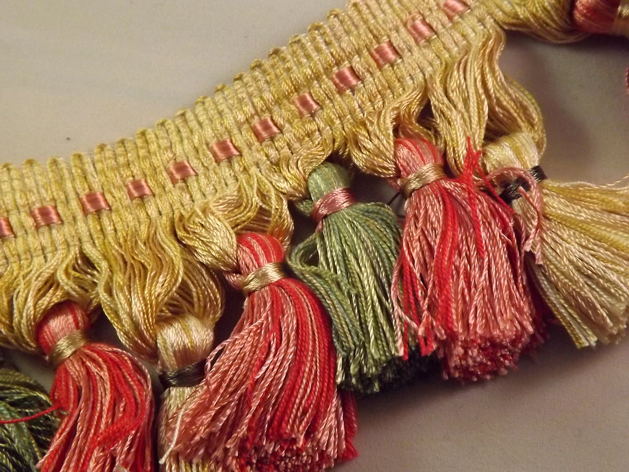 27 Yards 3 3/4" Tassel Loop Gimp Fringe Gold/Pink/Sage Braid