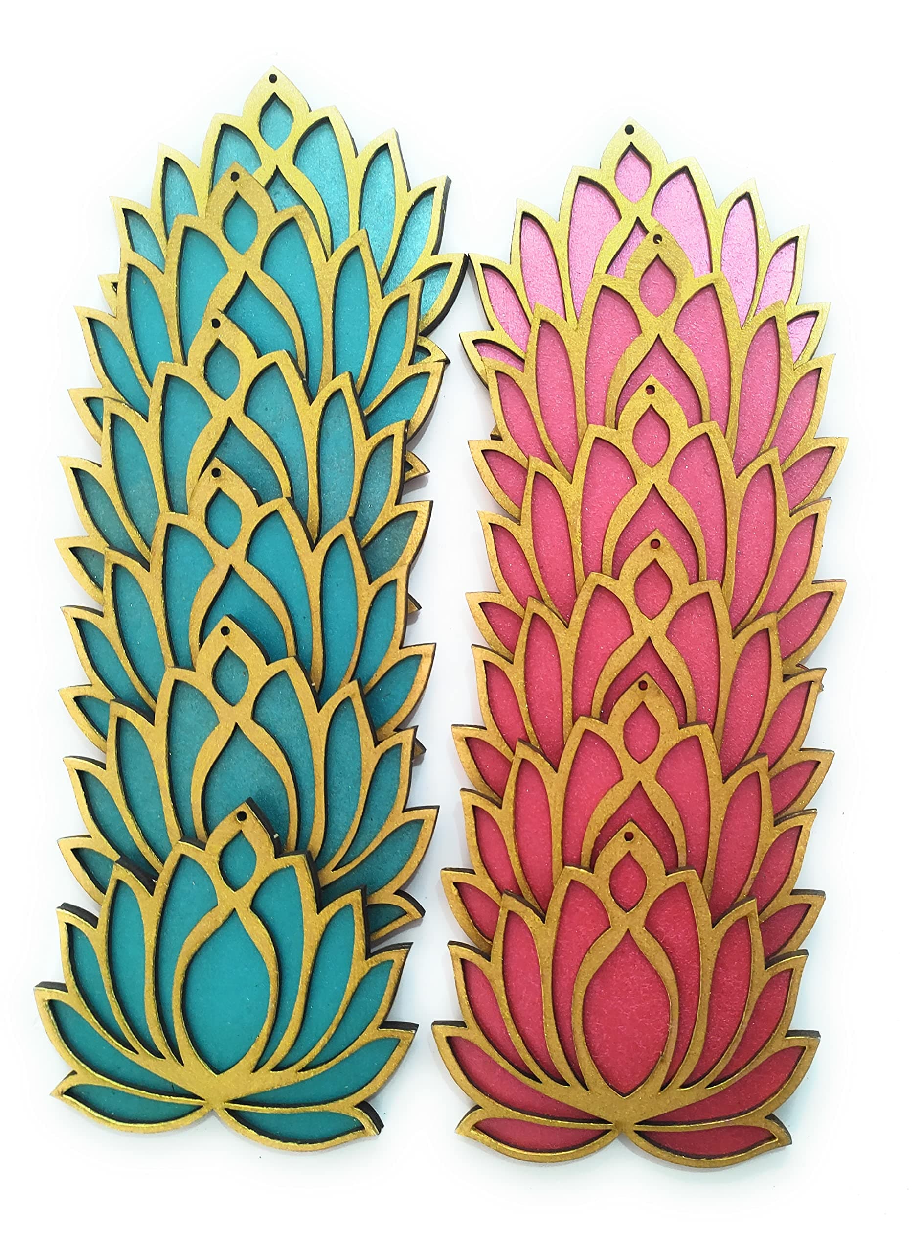 Set of 12 Golden Frame Lotus Flower Wooden Cutout. 6 with Rose Pink Base. 6 with Ocean Blue Base. Festive DIY Craft Material Kit. Decoration for Diwali, Dashera, Rangoli,Pooja, Wedding