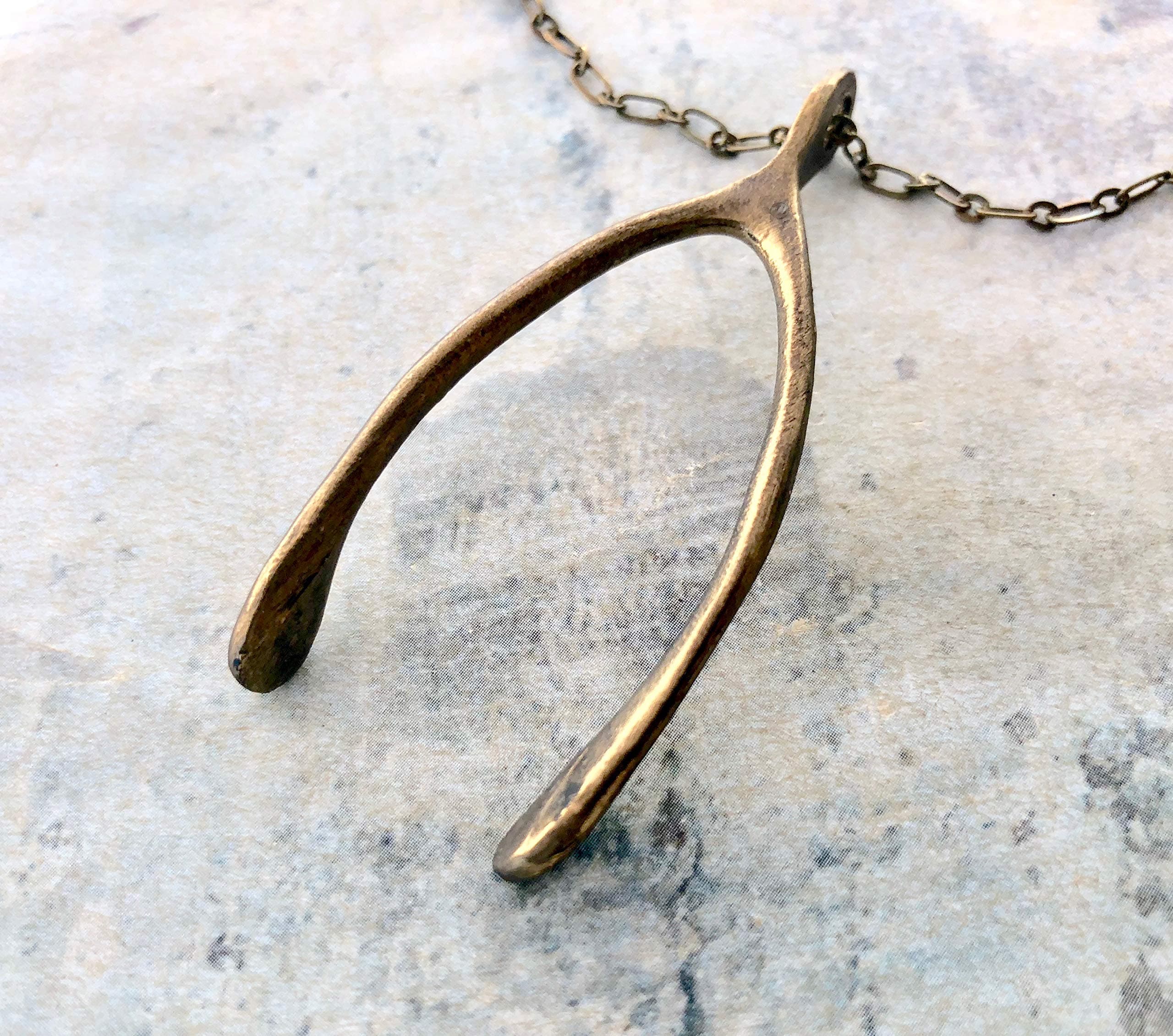 Large Wishbone Necklace, Life size wishbone pendant, antique brass wishbone necklace, gift for him