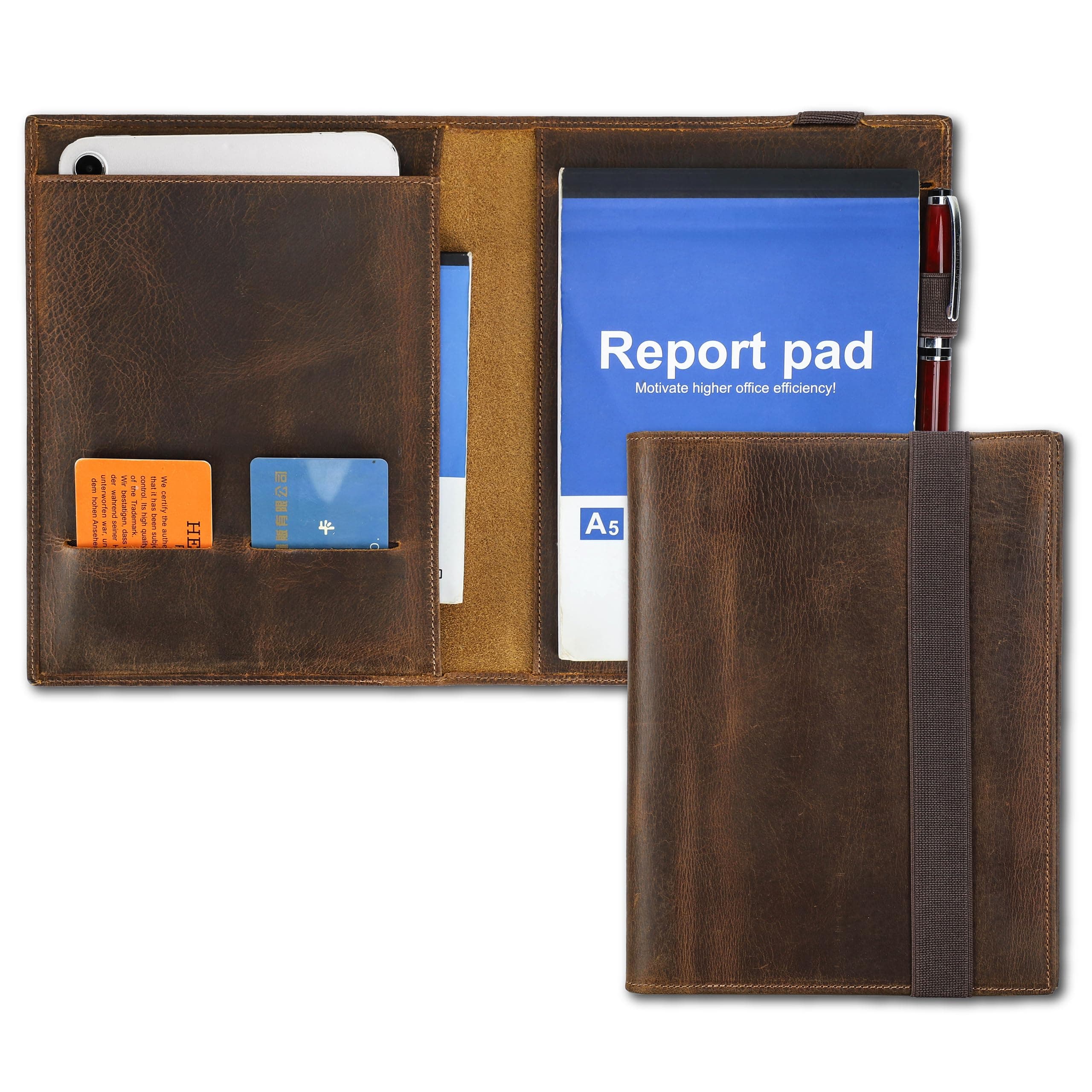 Top Grain Leather 8.3" Padfolio for Men & Women, Handmade Vintage Design, Multi-Functional Business Portfolio Organizer, Compatible with Cards/iPad Mini/Pen/A5 Size Document, Coffee 8.3 Inch