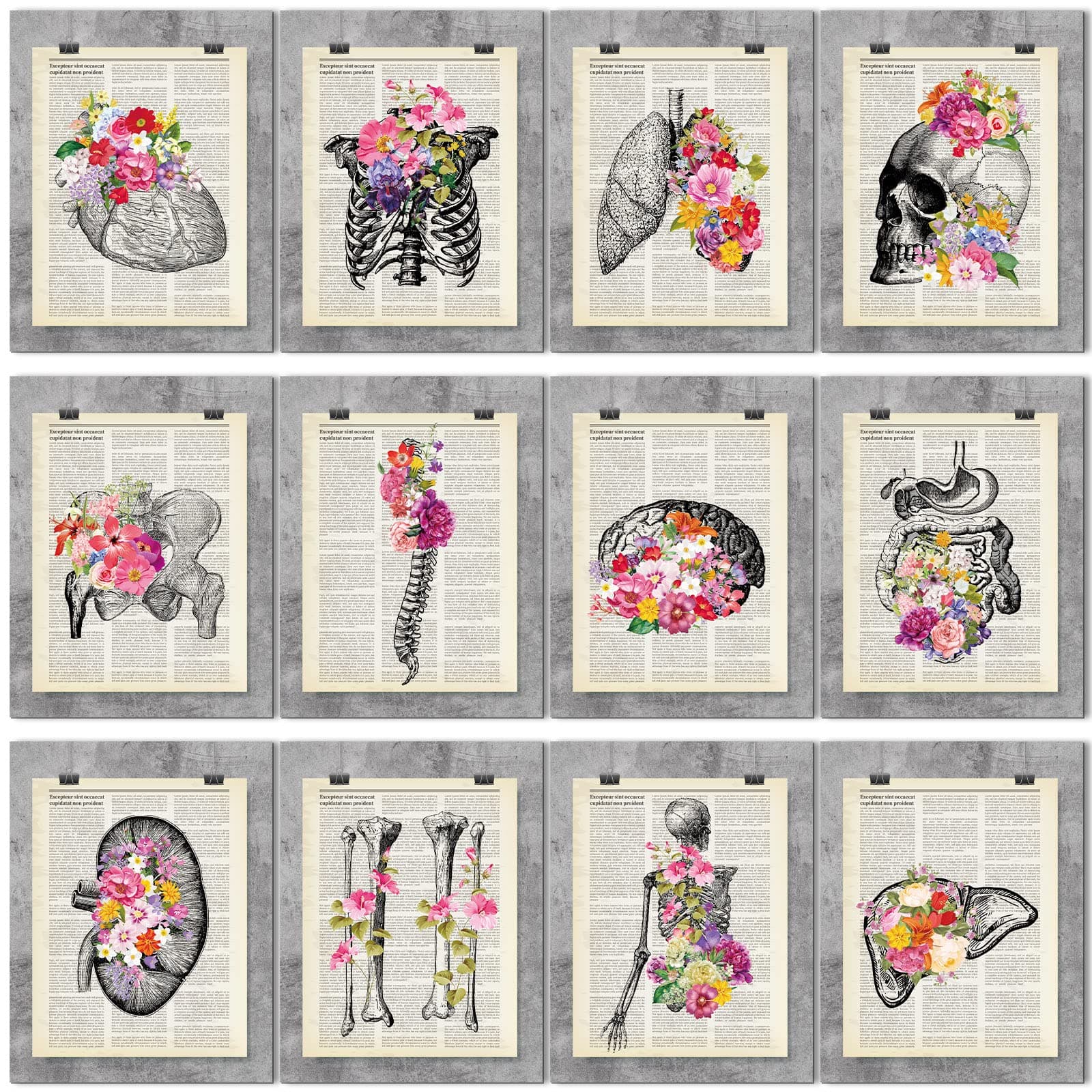 Jetec 12 Pieces Medical Dictionary Art Set 8 x 10 Inch Anatomy Decor Vintage Anatomical Posters Vintage Floral Human Wall Decor for Doctor Office Clinic School Classroom Gift for Nurses Med Student