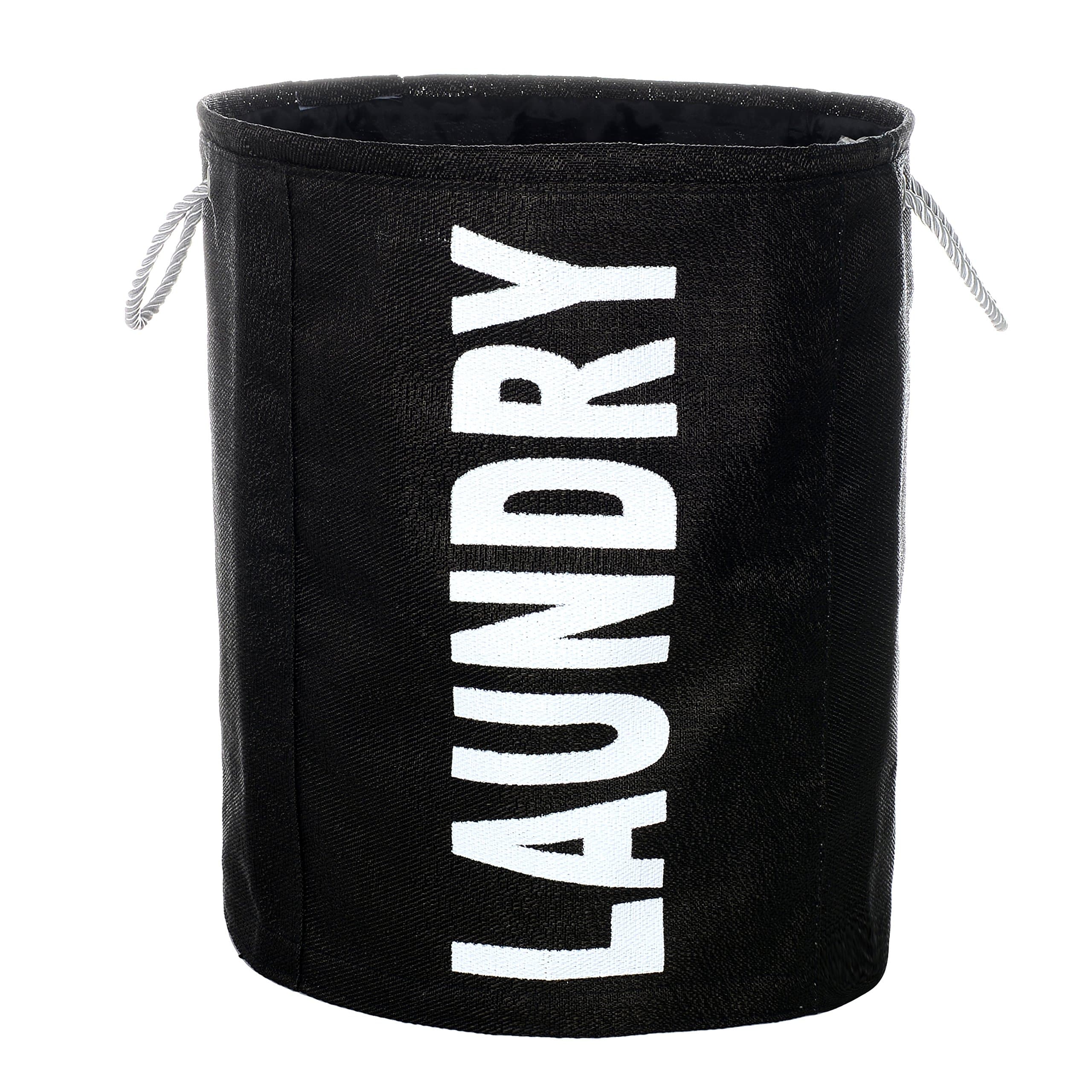 Lixin Teslin DIY Laundry Basket 17.715.3-inch, Household Essential Modern Sturdy Round Folding Tote Drawstring Laundry Hamper with Handle Rope(Black)