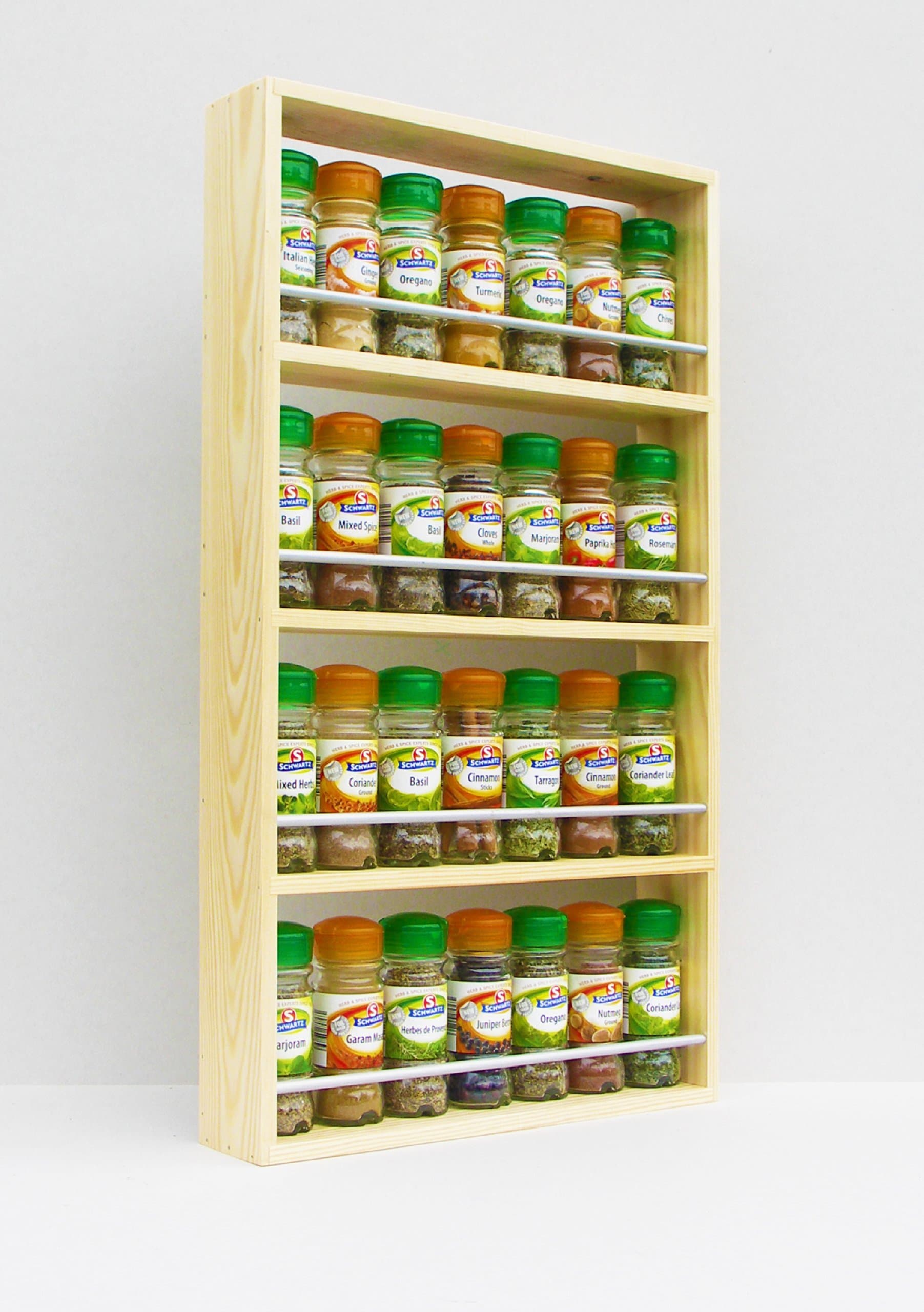 SilverAppleWood Spice Rack in Solid Pine, Holds up to 28 Spice and Herb Jars, 4 Shelves (59cm x 7cm x 33.5cm)