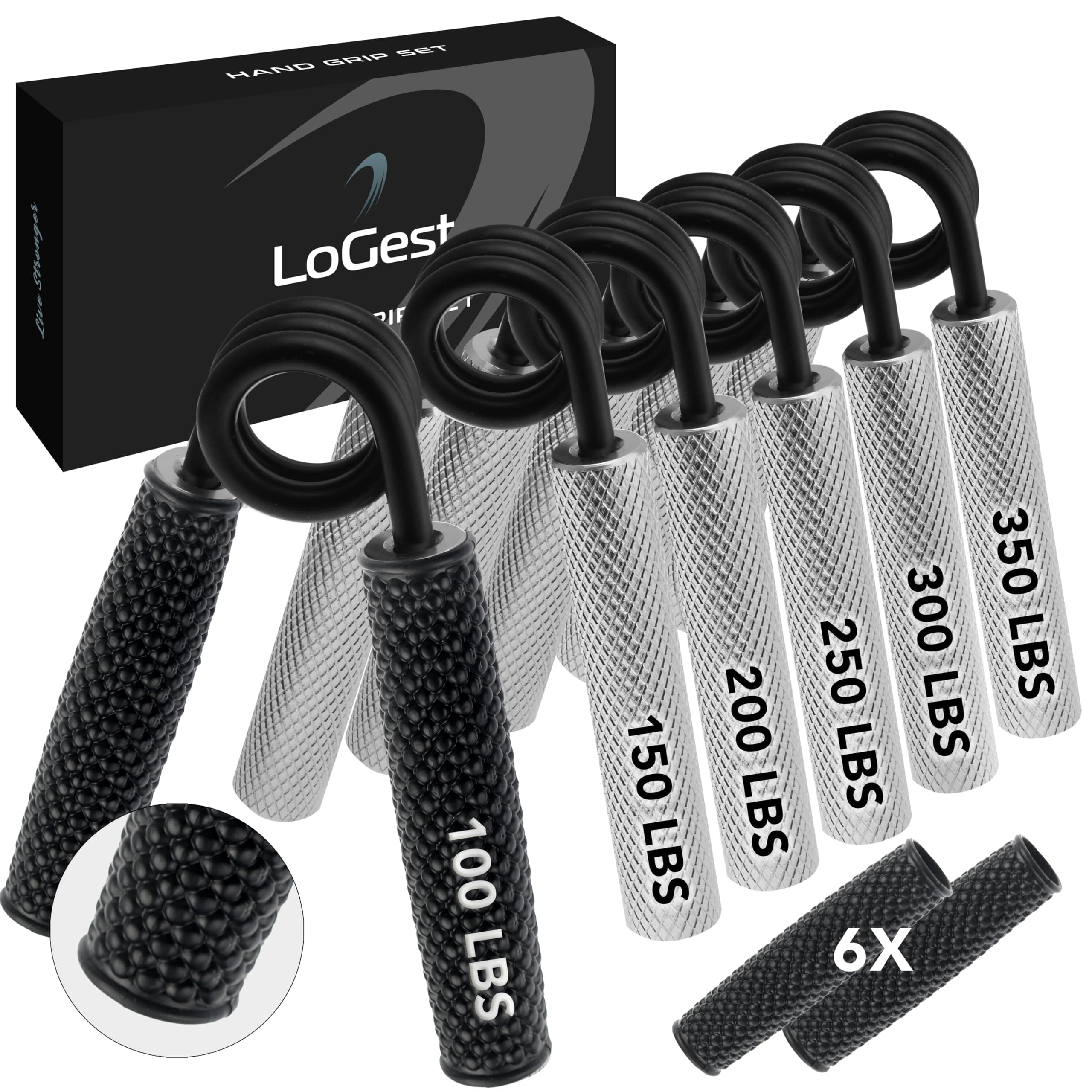 Logest Metal Hand Grip Set, 100LB-350LB 6 Pack 50LB-350LB 7 Pack No Slip Heavy-Duty Grip Strengthener with Gift Box, Great Wrist & Forearm Hand Exerciser, Home Gym, Hand Gripper Grip Strength Trainer