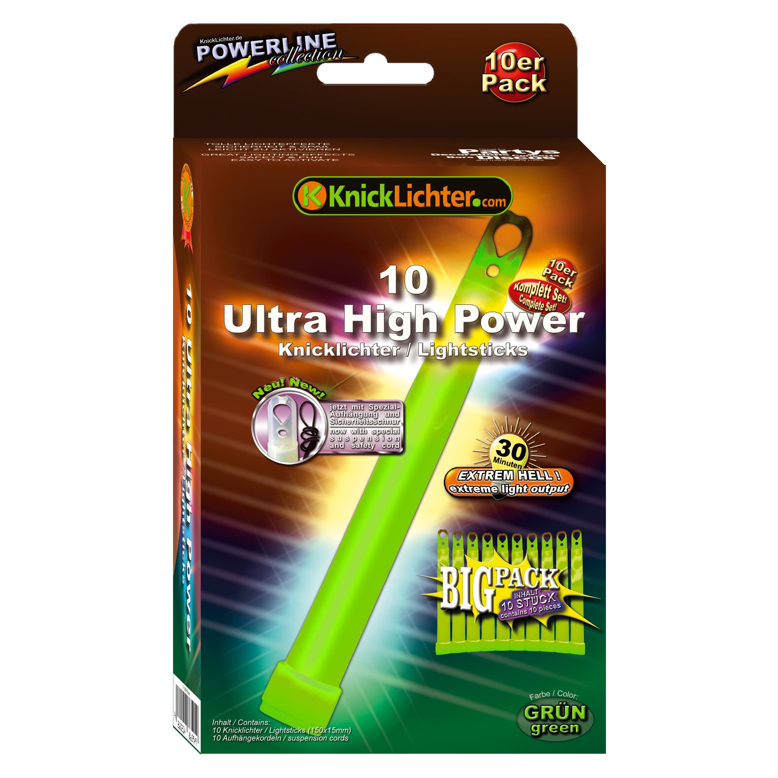 10 green flexible luminous stick! ULTRA HIGH POWER! Extremely bright. Extra thick. 150 x 15 mm. Very economical packs. Latest generation. Produced under its own seal.