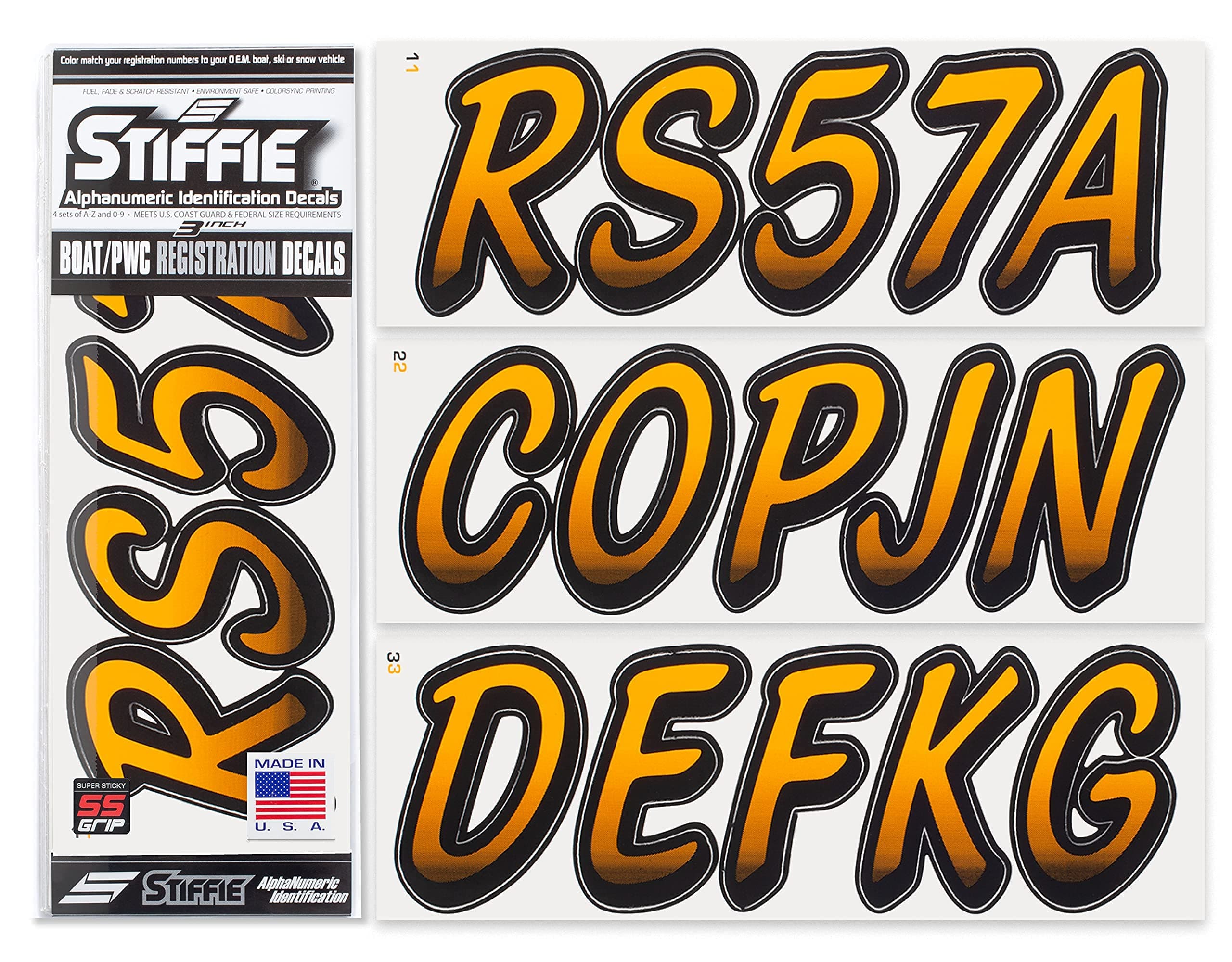 STIFFIE Whipline Orange Crush/Black 3" Super Sticky Boat & PWC Registration Decals • Numbers Letters Stickers