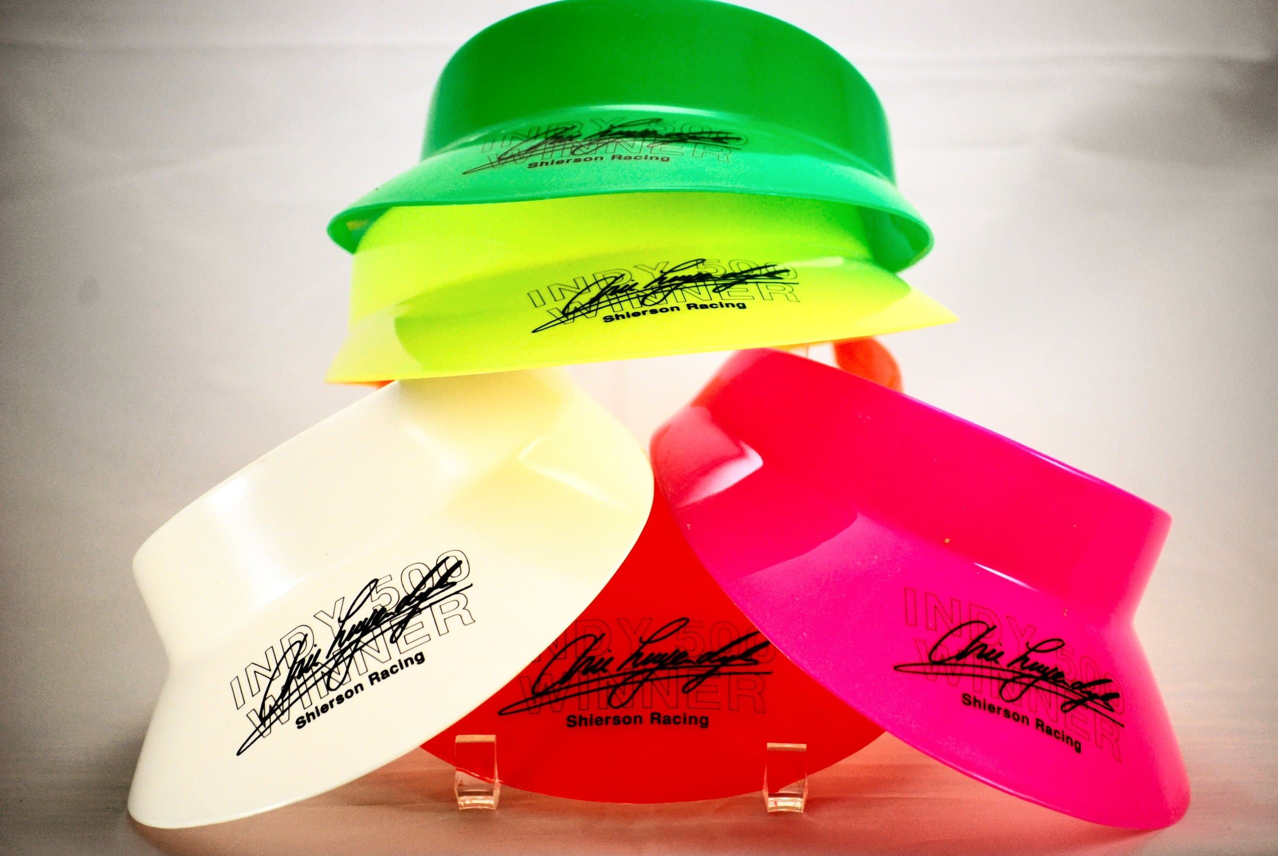 1991 - Huffer / Shierson Racing Sun Visors - Group of 9 - Arie Luyendyk / Indy 500 Winner - Neon Pink / Ornage / Yellow / Green / White - Limited Edition - Collectible - OOP