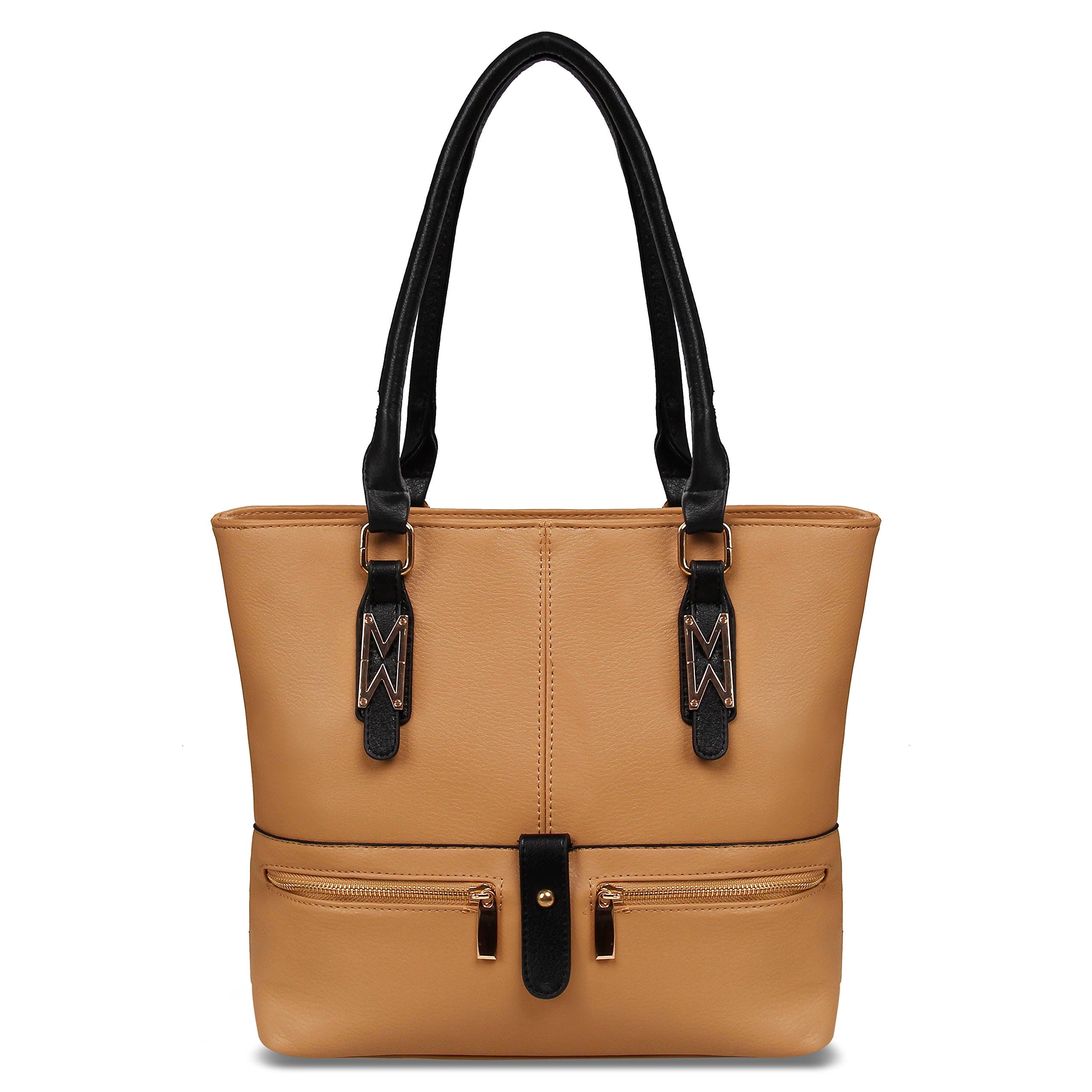 YOLANDO Large Vegan Leather Tote Bag With Multi Pockets T0004 (Khaki)