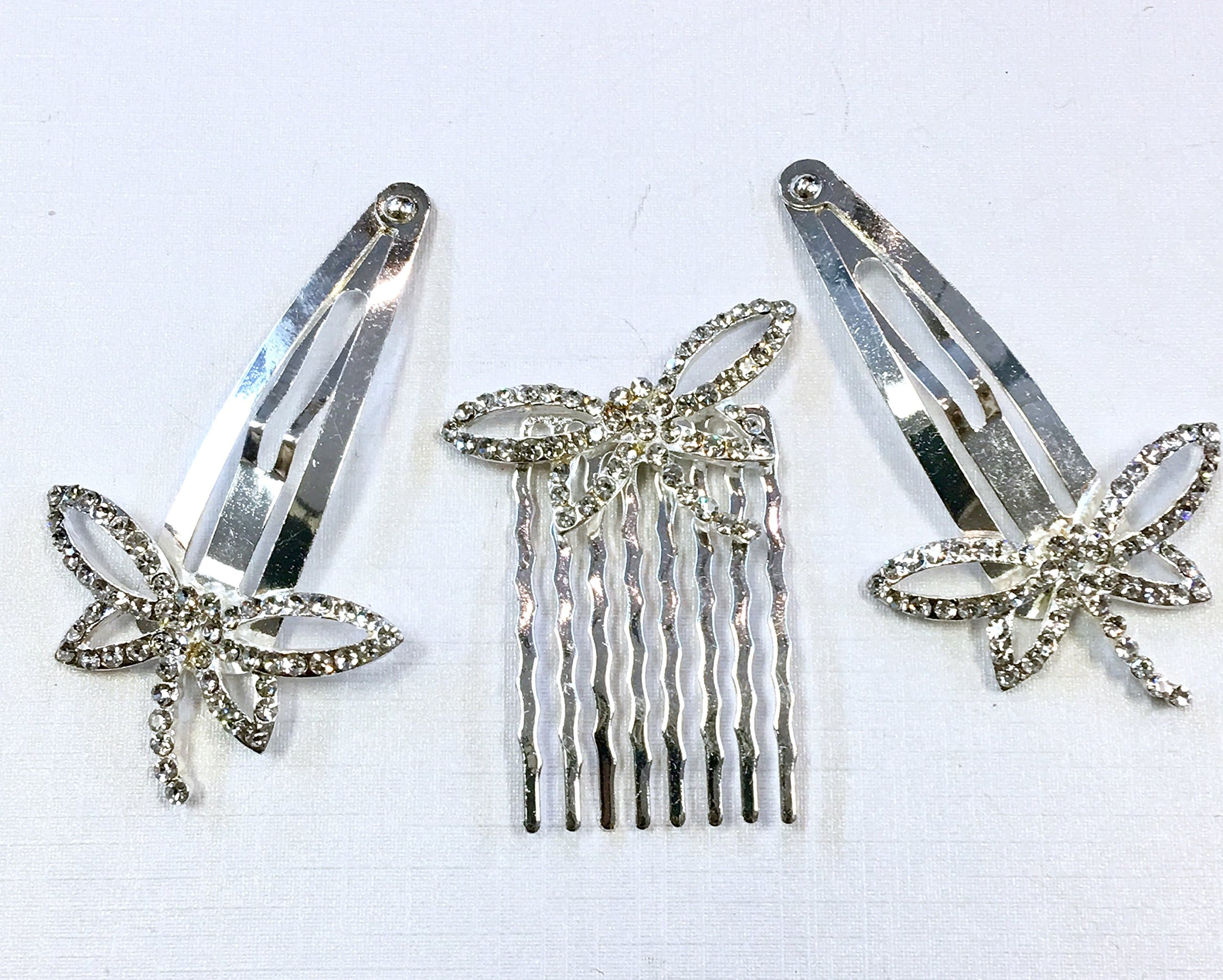 3 Pieces Set Clear Crystal Dragonfly Design With Silver Color Hair Clips