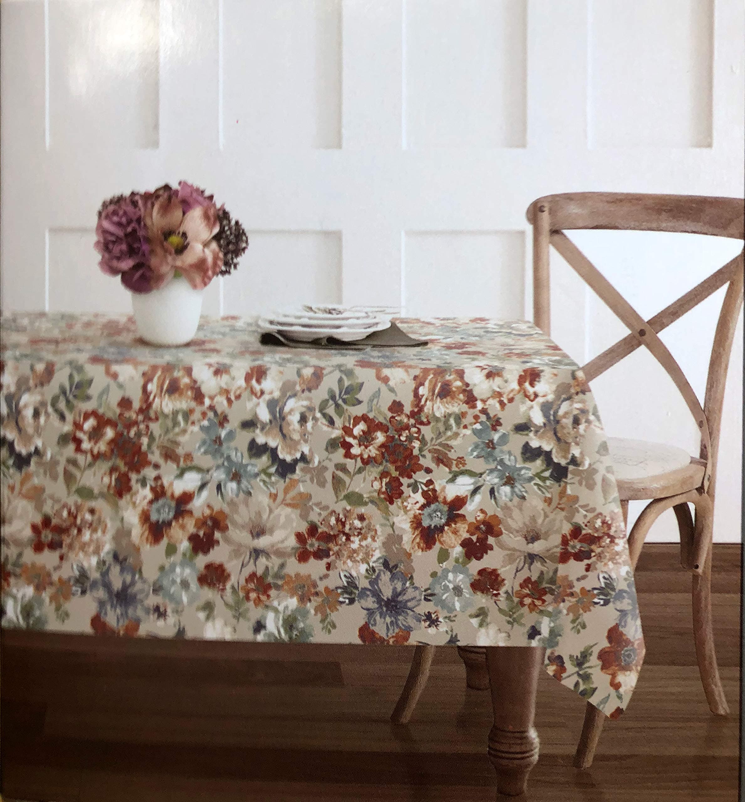 Envogue Fabric Tablecloth Floral Pattern in Shades of Rust Blue Gray Taupe Green on Cream - 50 Inches by 70 Inches