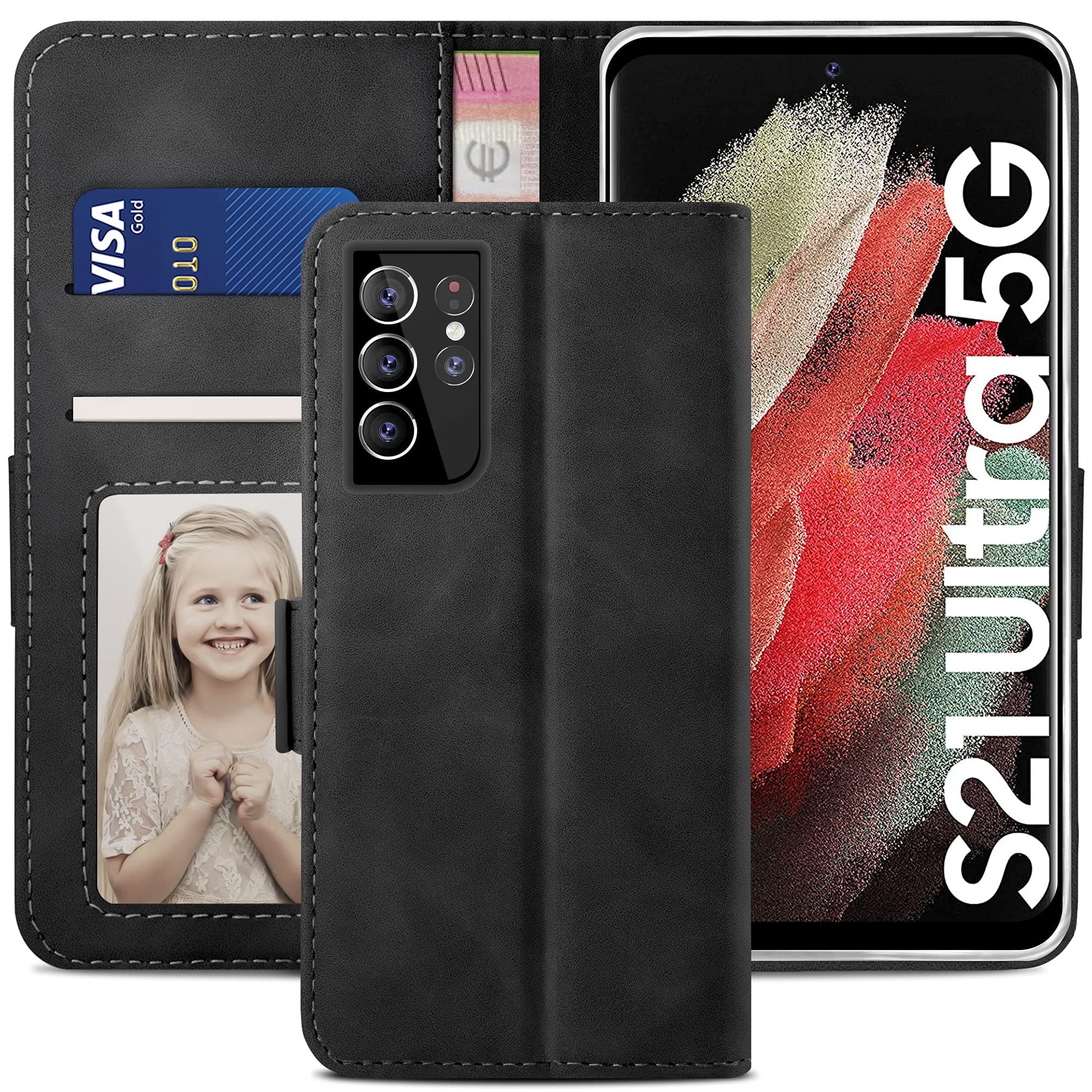 YATWIN Compatible with Samsung Galaxy S21 Ultra Case, Flip Wallet Leather Case with Card Slot and Shockproof Function Kickstand Phone Cases Cover for Samsung S21 Ultra - Black