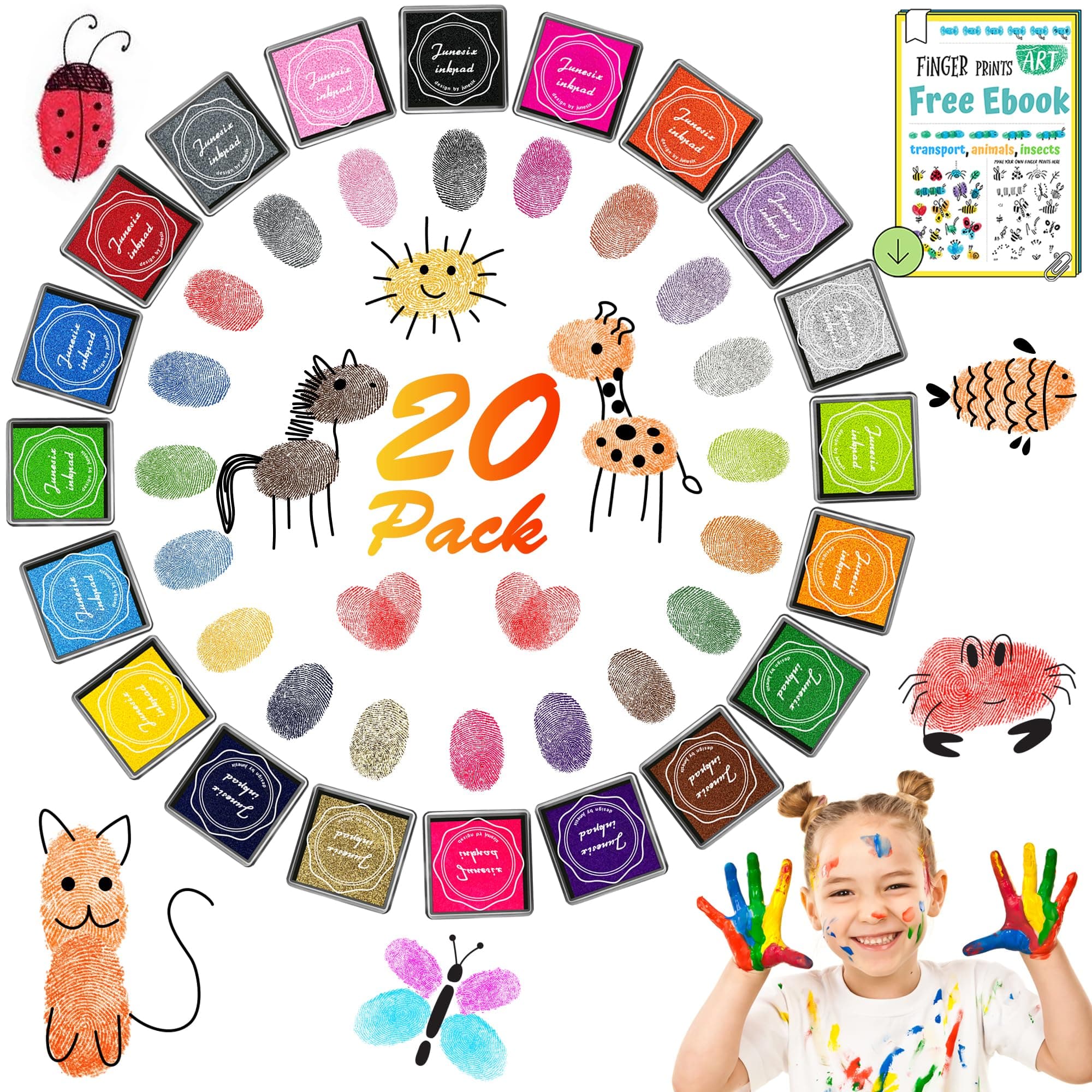 20 Colours Ink Pads Set, Fingerprint Ink Pads for Stamping DIY, Non-Toxic Rainbow Ink Pad for Imagination, Scrapbooking, Card Making, Art, Craft