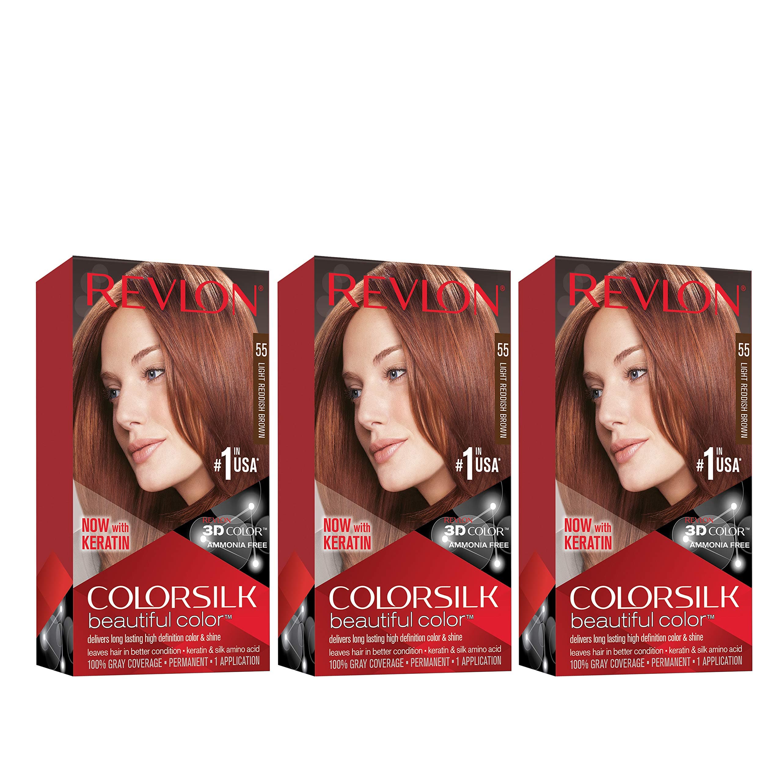 Permanent Hair Color, Permanent Hair Dye, Colorsilk with 100% Gray Coverage, Ammonia-Free, Keratin and Amino Acids, 55 Light Reddish Brown, 4.4 Oz (Pack of 3)
