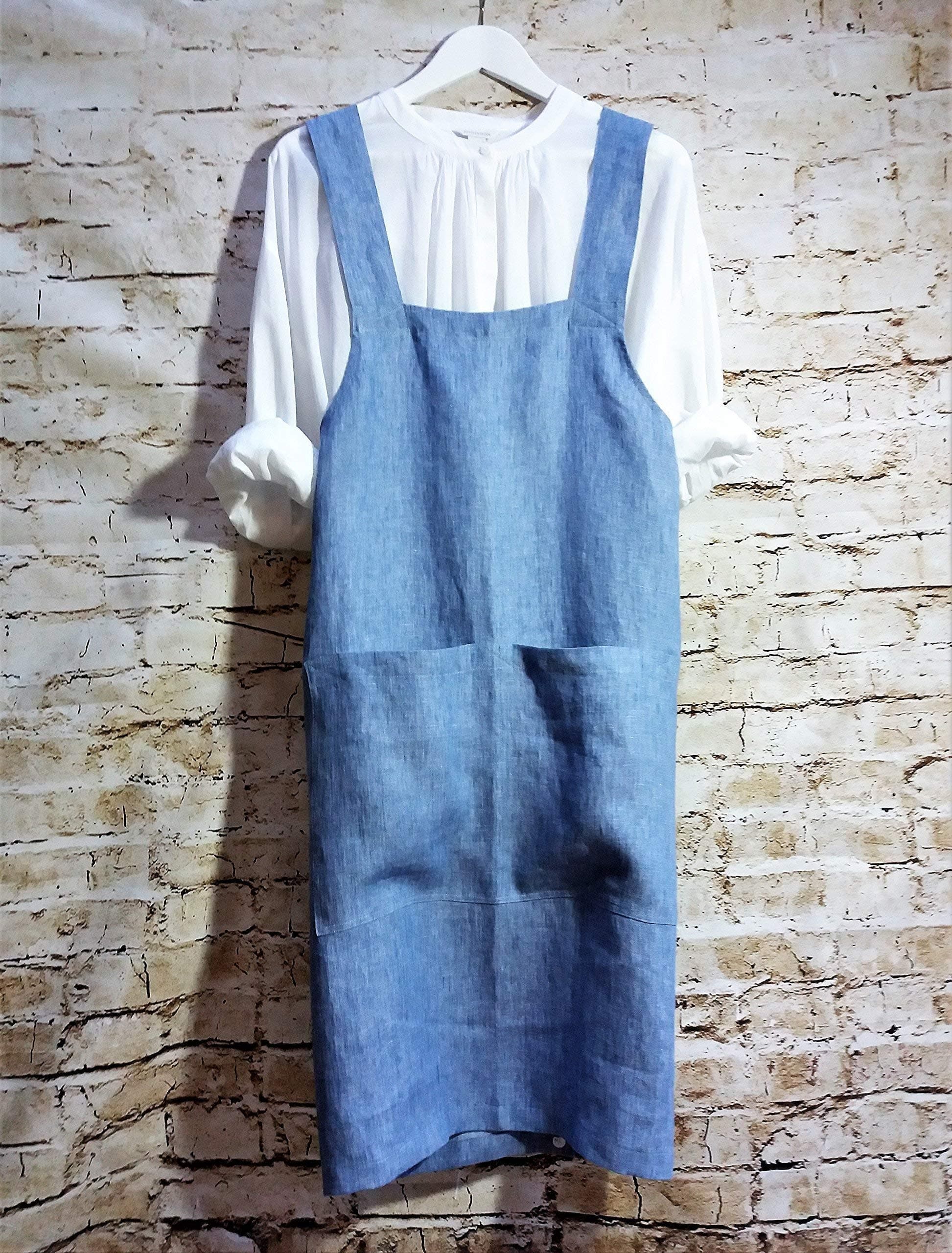 Handmade No Ties Linen Cross Back Apron Japanese Apron Pinafore Apron Studio Apron Artist Smock Sky Blue 日本のエプロン