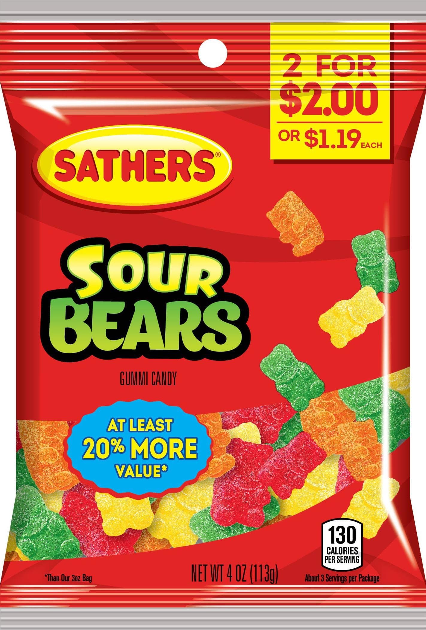 Sathers Sour Gummy Bears Candy, Assorted Fruit, 4 Ounce (Pack of 12)