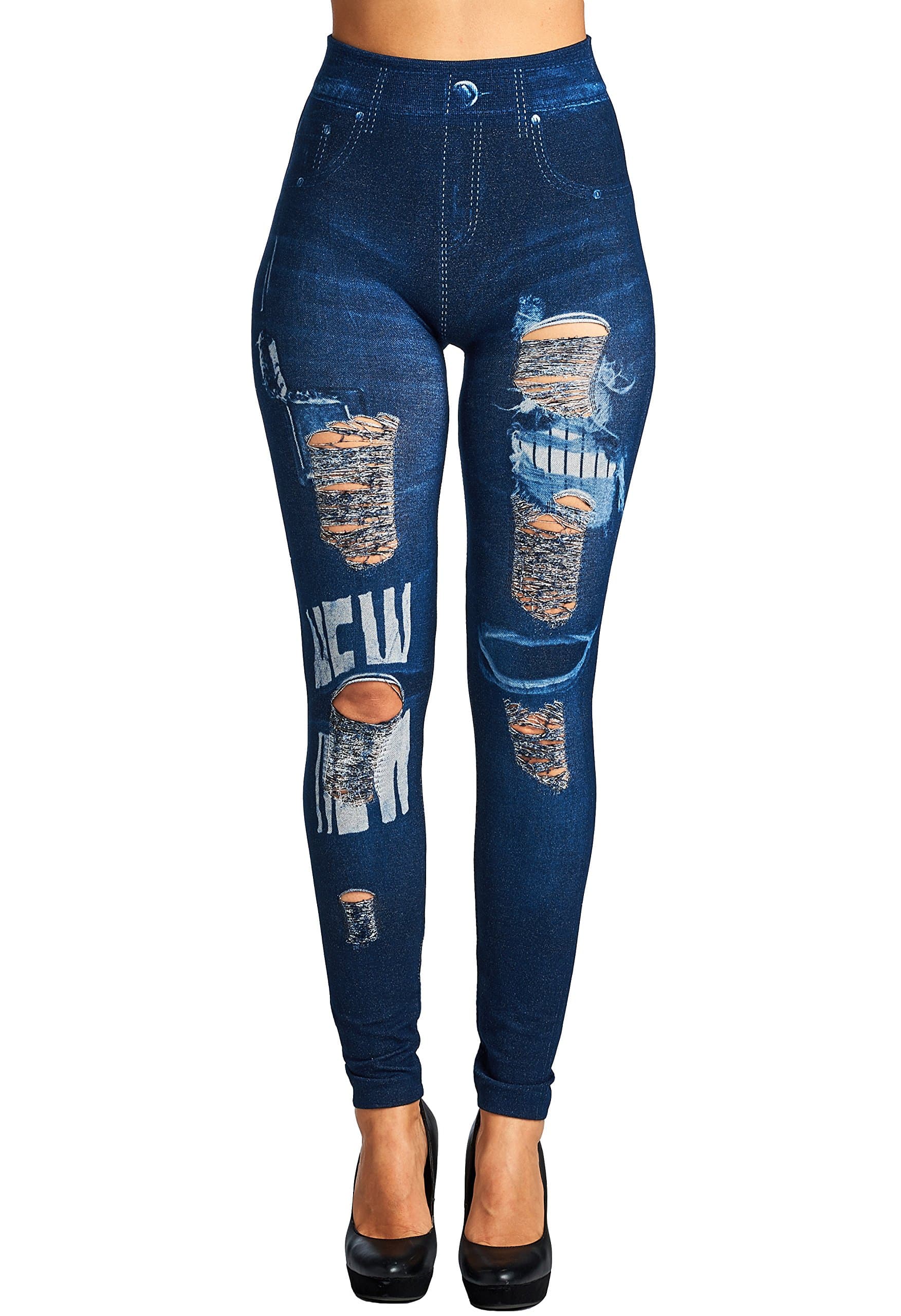 Womens Juniors High Waist Distressed and Ripped Detail Denim Print Leggings