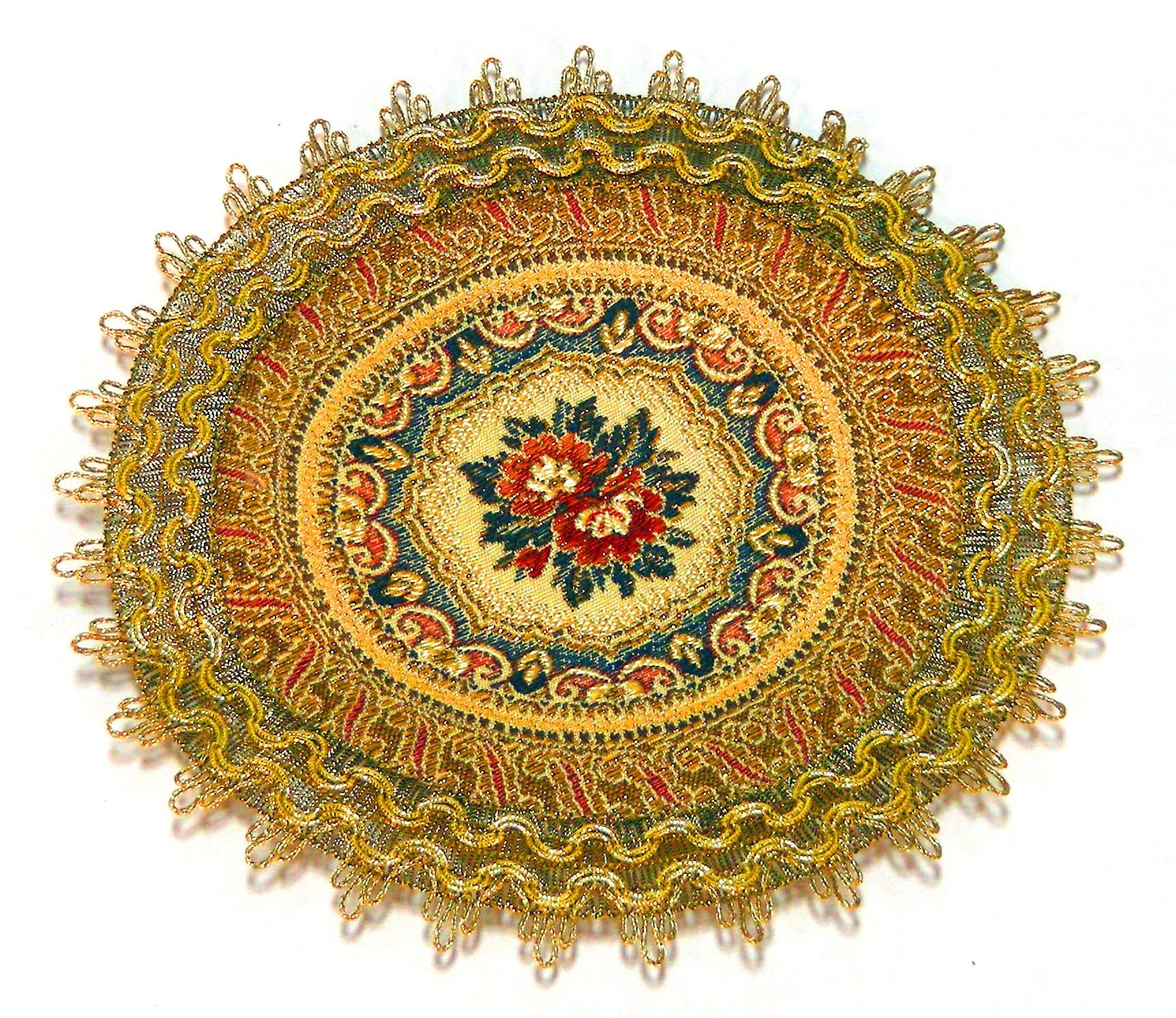 Swiss Woven Brocade 8 Inch Round Doily with Decorative Fabrics and Artfully Embroidered with Lavish Floral and Gold Borders