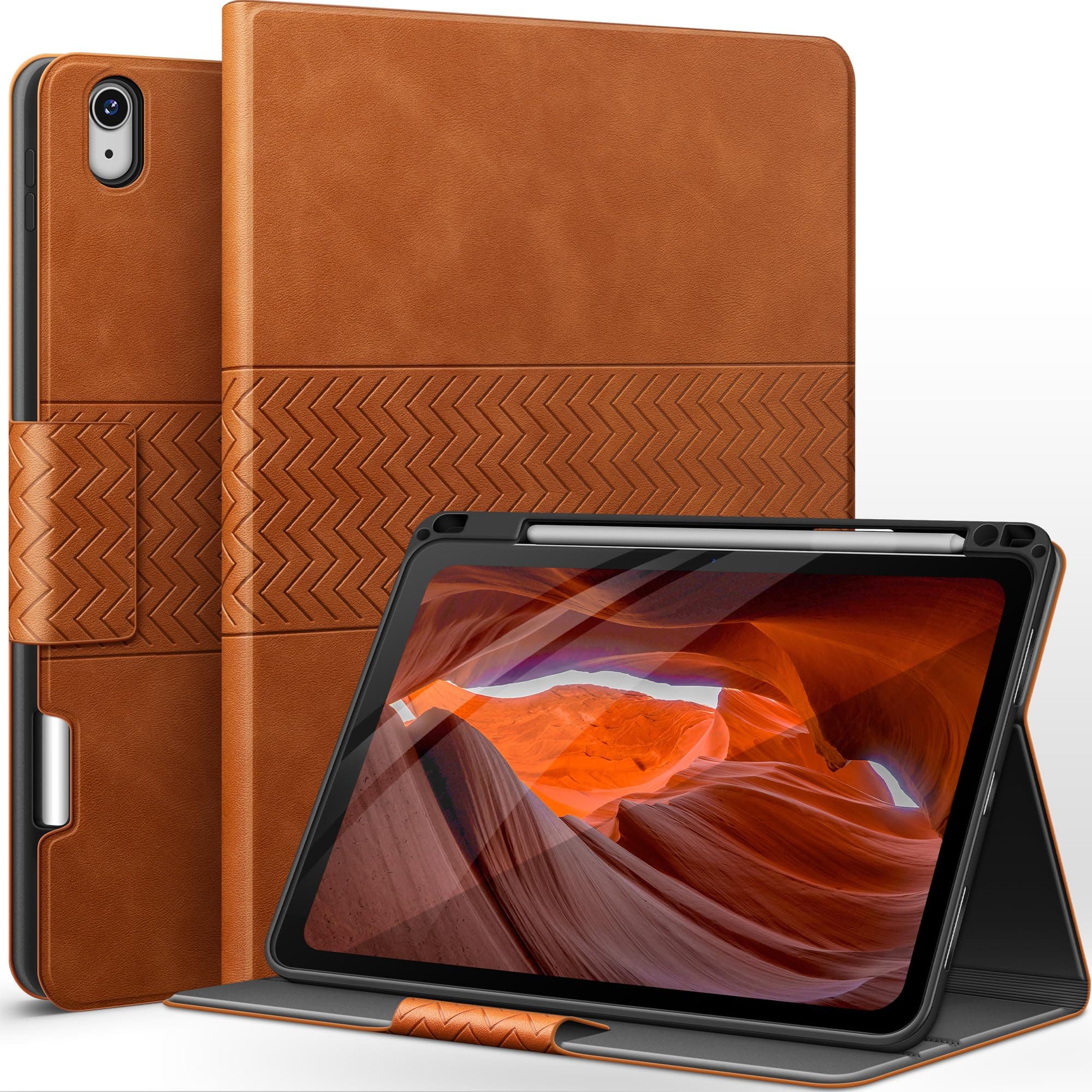 auaua Case for iPad Air 11 Inch M3/M2 (2025/2024), iPad Air 5th/4th Generation (2022/2020) with Pencil Holder, Auto Sleep/Wake, Adjustable Angle (Brown)