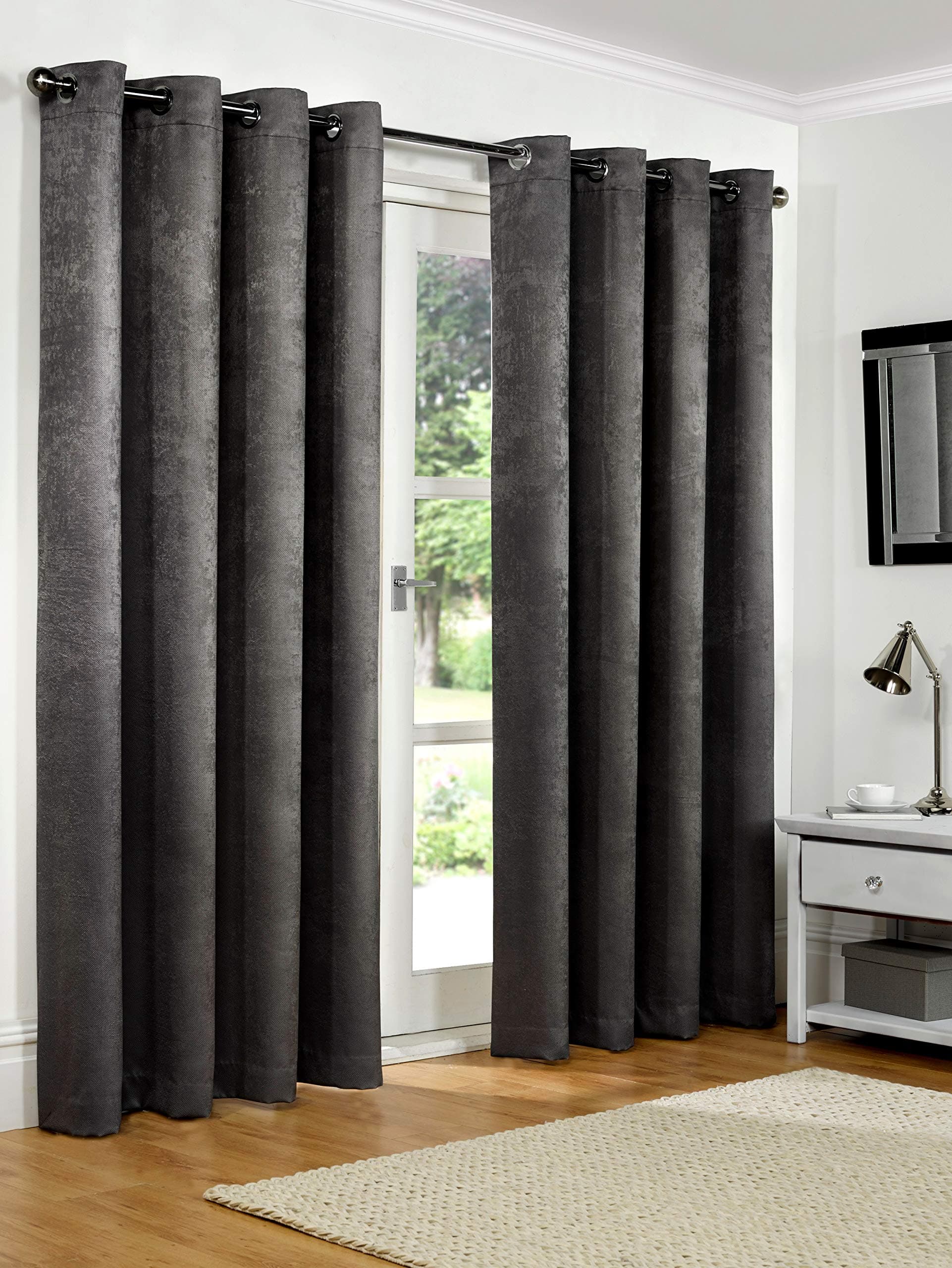 90" x 90" (228x228cm) Luxury Charcoal Slate Grey Soft Woven Embossed Thermal Blackout Ring Top Eyelet Heavy Pair Curtains Lined By SW Living