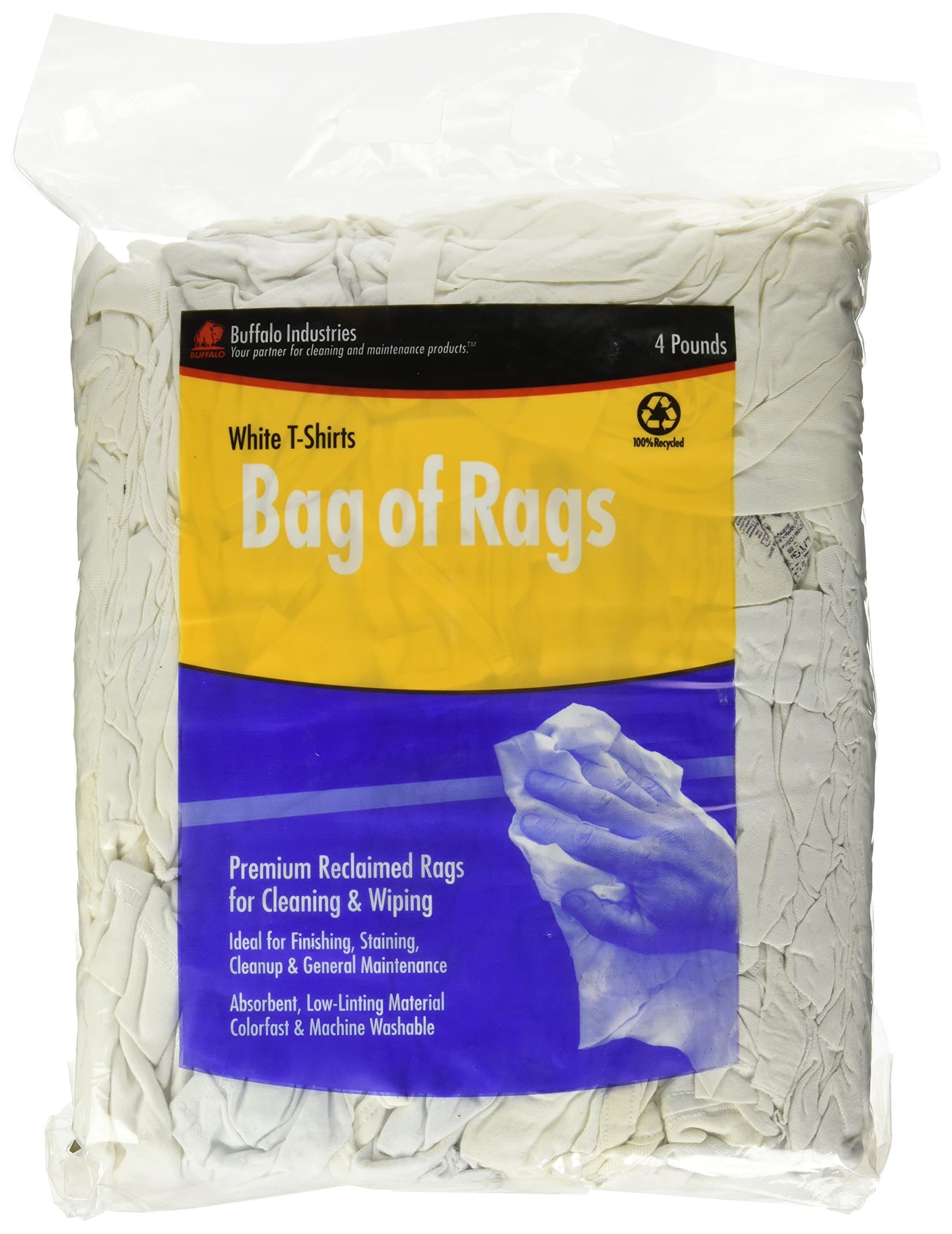 Buffalo Industries 10520PB Recycled White Cloth Tee Shirt Rags in 4-Pound Compressed Poly Bag