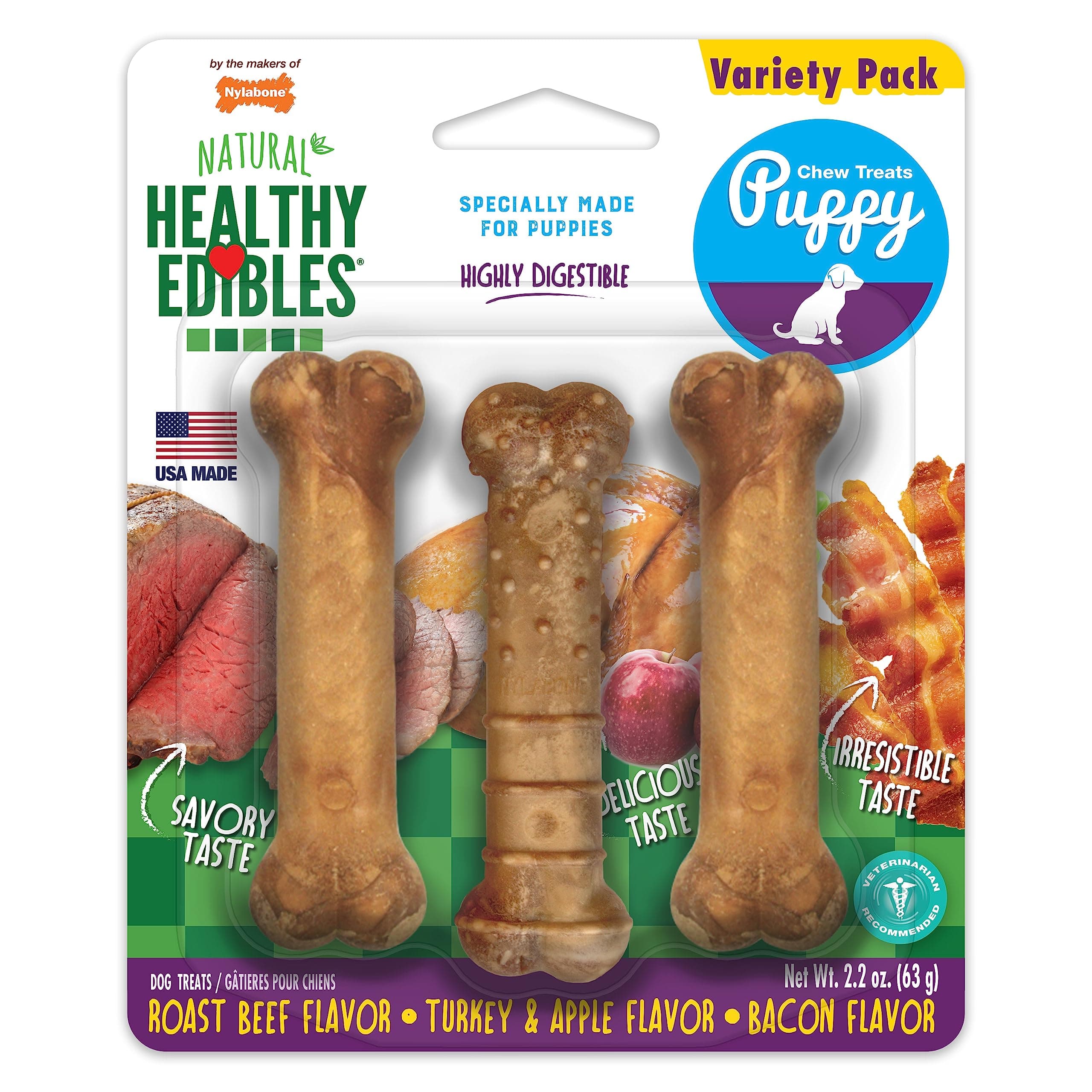Healthy Edibles Natural Puppy Chews Long Lasting Treats for Puppies, Roast Beef, Apple & Bacon Flavor, X-Small/Petite (3 Count)