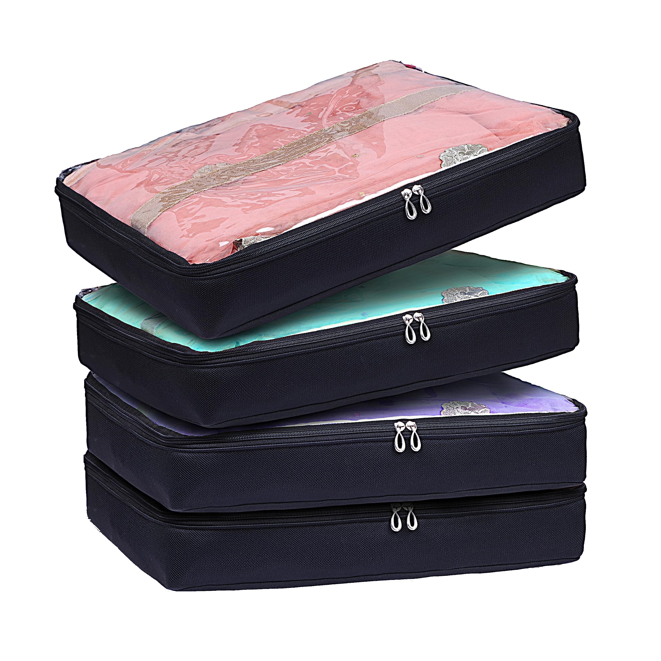 Saree Bag Cover Storage Set - 4 Big Size Zipper Closure Pouch Clothes Bag Wardrobe Organizer with Clear Window - Black