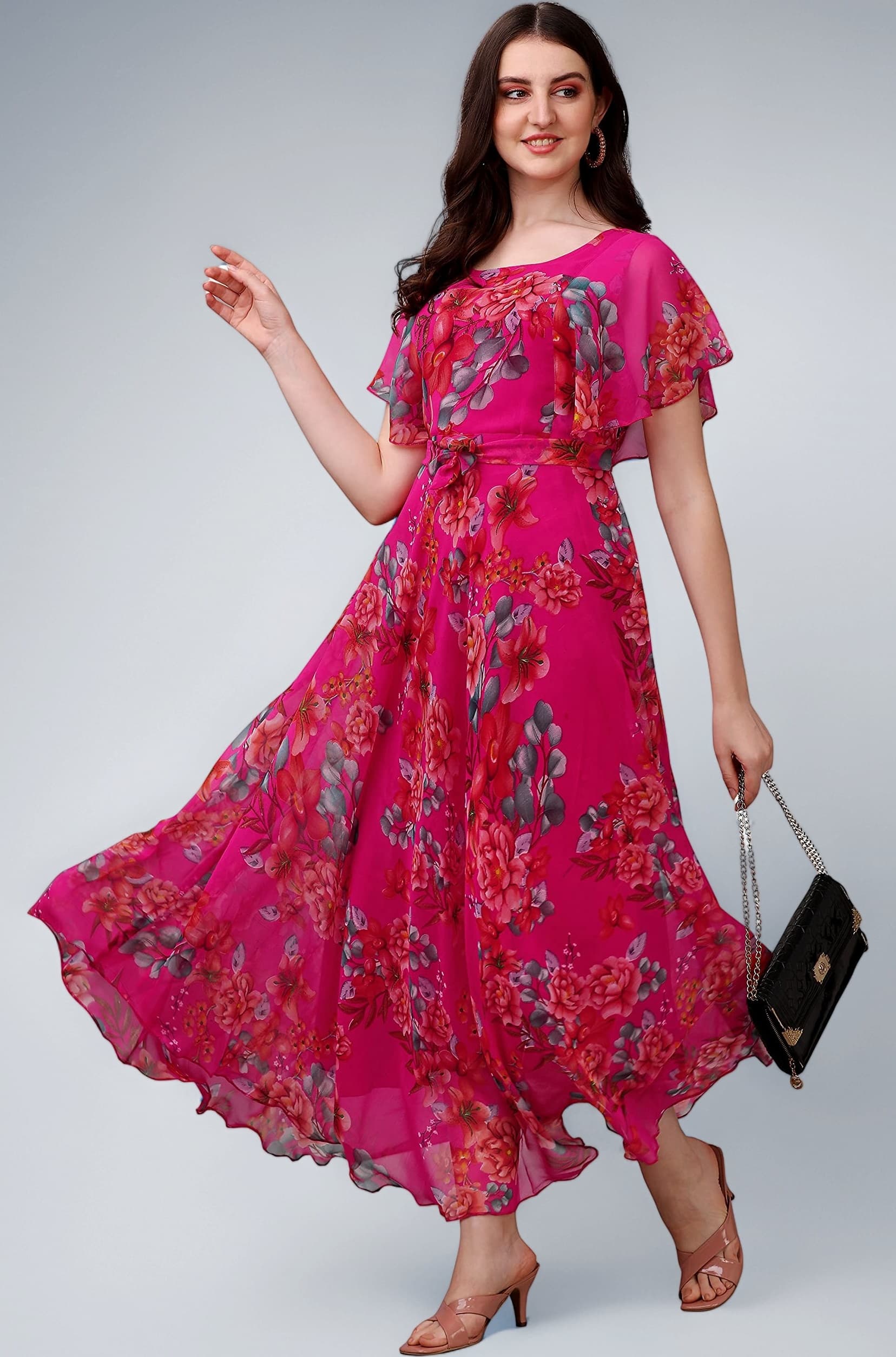 Fashion2wear Women's Georgette Floral Digital Print Short Sleeve Full-Length Fit & Flare Long Gown Dress for Girls (ET-CYWN-E1LE)