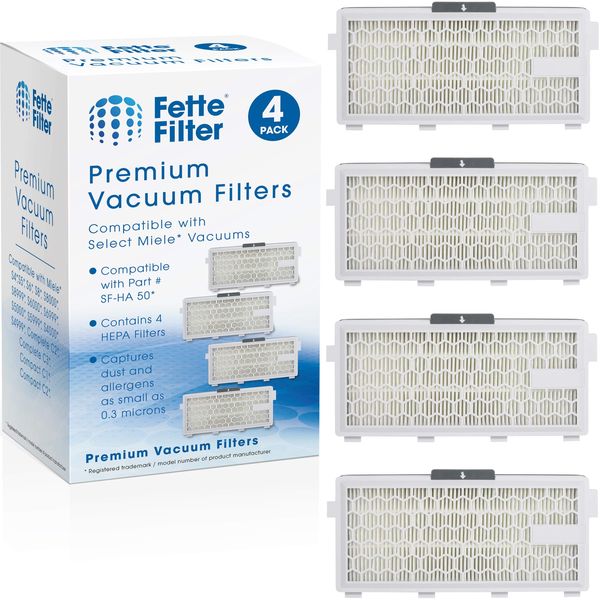 Fette Filter - HEPA Filters Compatible with Miele AirClean SF-HA 50 Filter for Model # S4, S5, S6, S8, S8000, S8999, S6000, S6999, S5000, S5999, S4000, S4999, Complete C2 & C3 (Pack of 4)