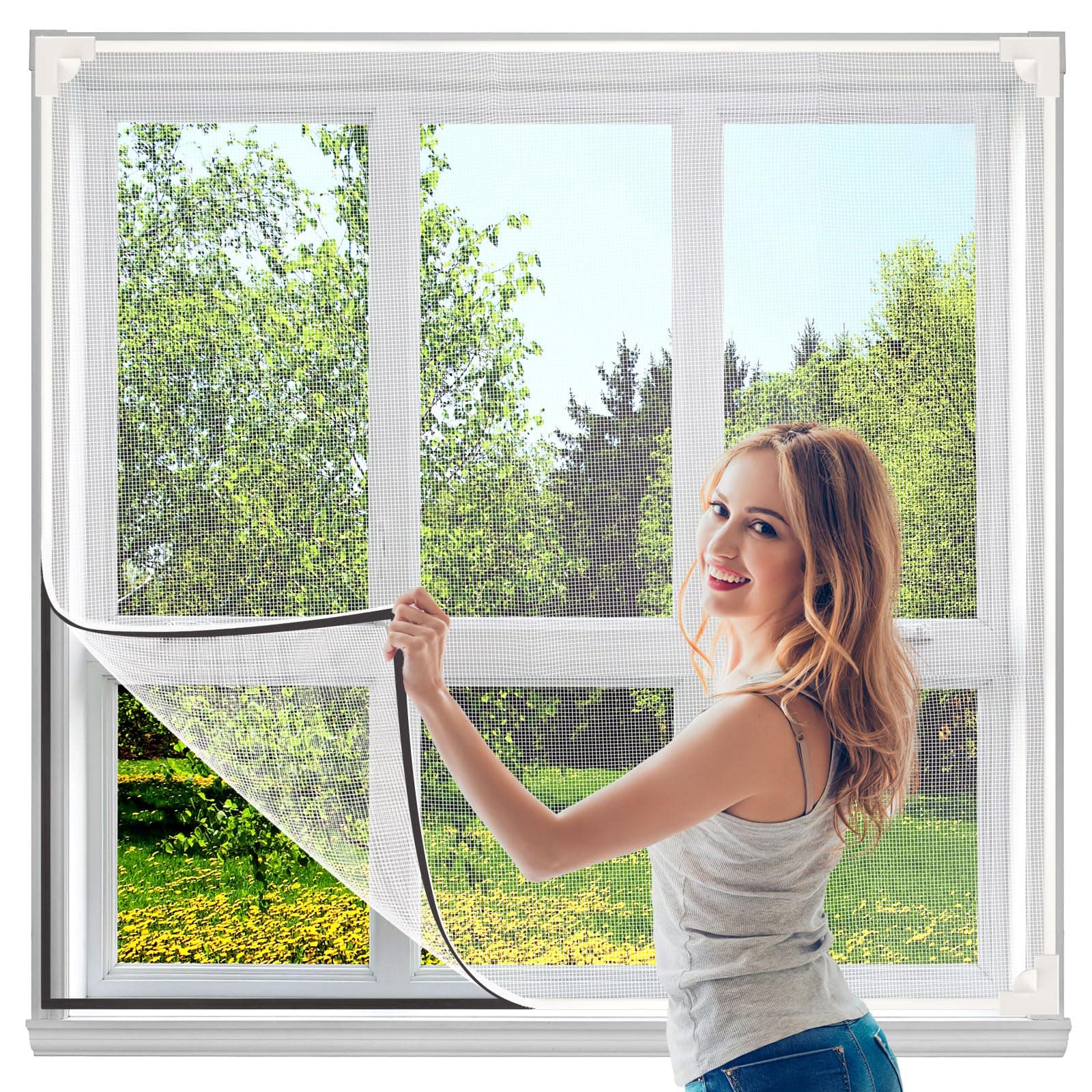 Magnetic Fly Screen Window, Adjustable Fly Net for Windows Max 120 x 100 cm(47''x 39''), Easy Installation Mosquito Net, Window Mesh Insect Screen Keep Bugs Flys Mosquitoes Pollen Out (White)