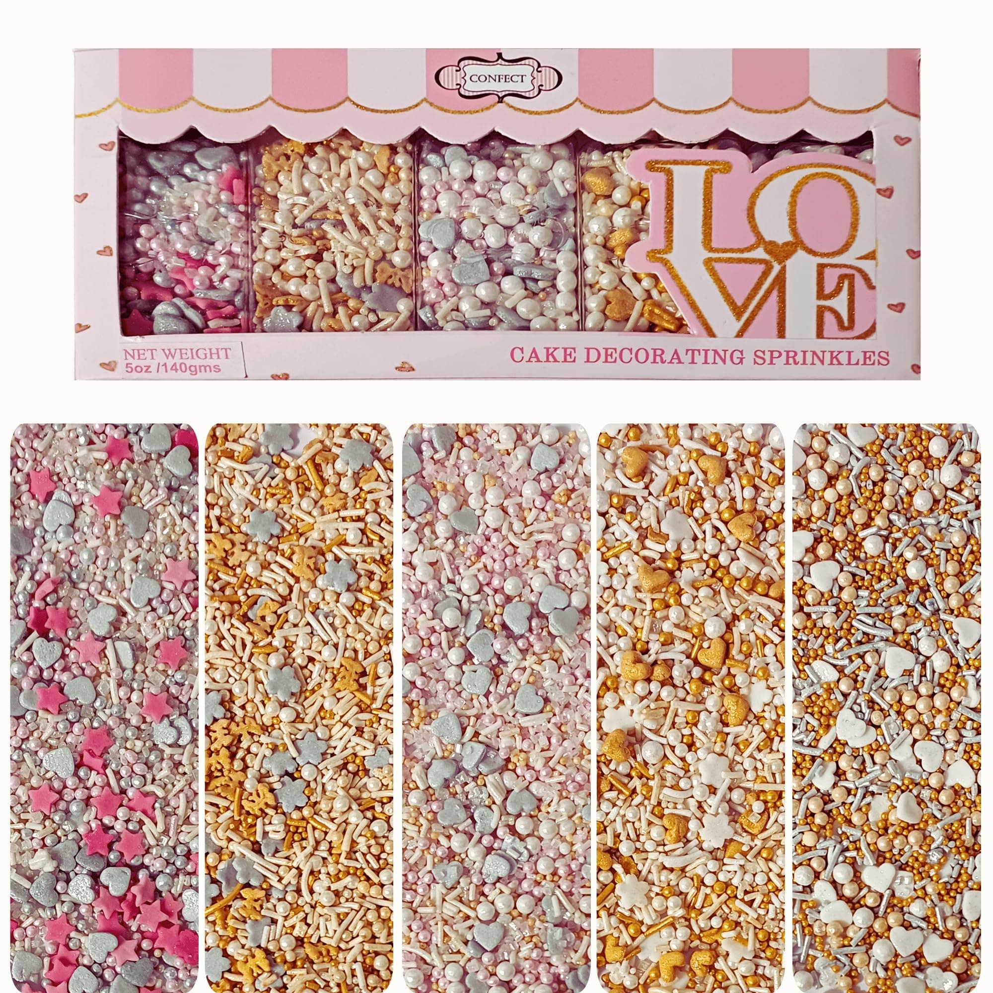 Confect Gold, Silver and White Pearl Sprinkles, Sprinkles for Baking & Cake Decorative, Heart Sprinkles, Cookie Sprinkles, Butterfly Sprinkles, Edible Sprinkles Mix Pack of 5-100gms