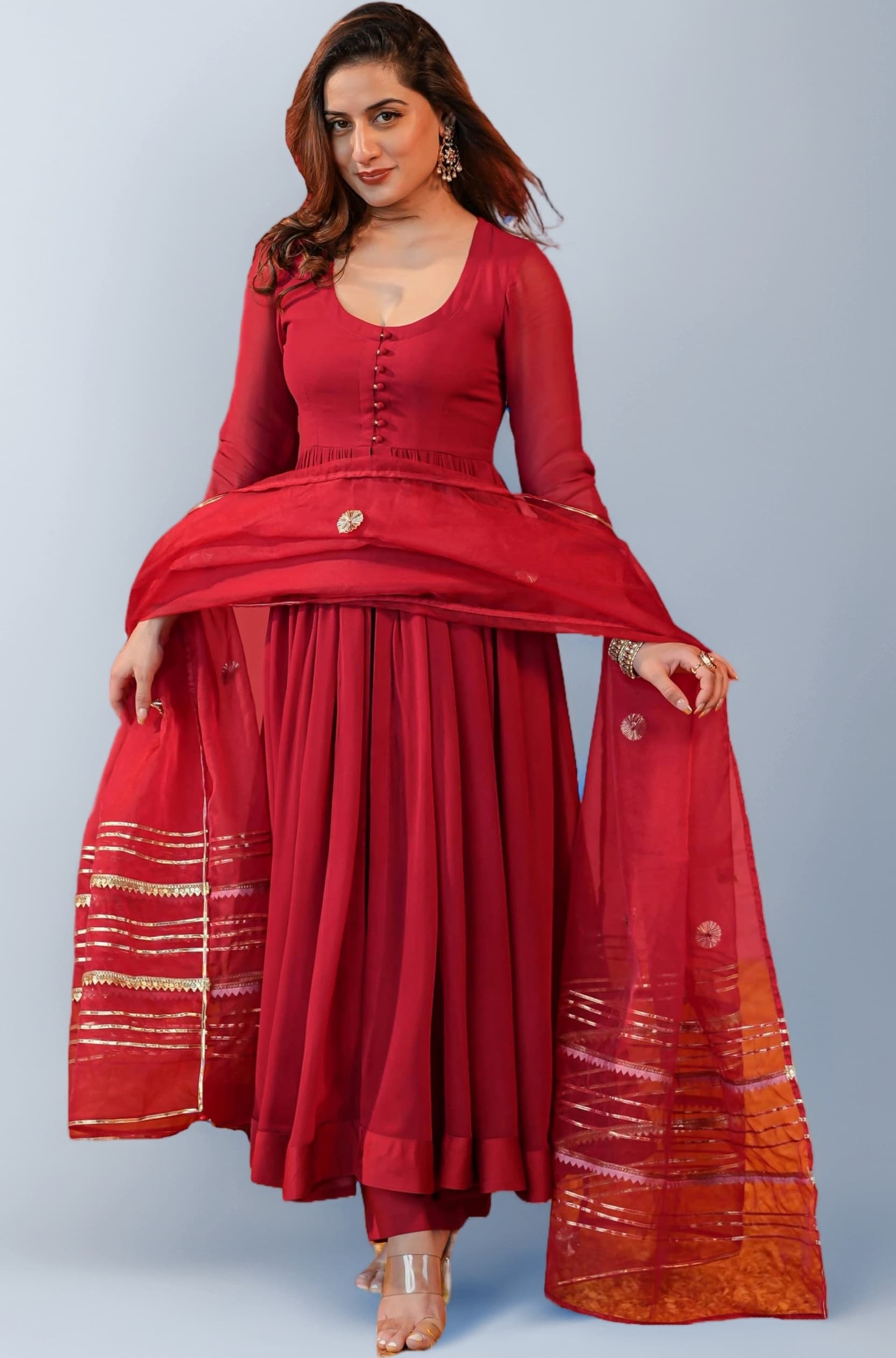 GoSriKi Womenโs Rayon Viscose Anarkali Solid Kurta with Pant & Dupatta | Soft Comfortable Fabric | Elegant Flared Ethnic Wear Set for Festive Casual Office Daily Use